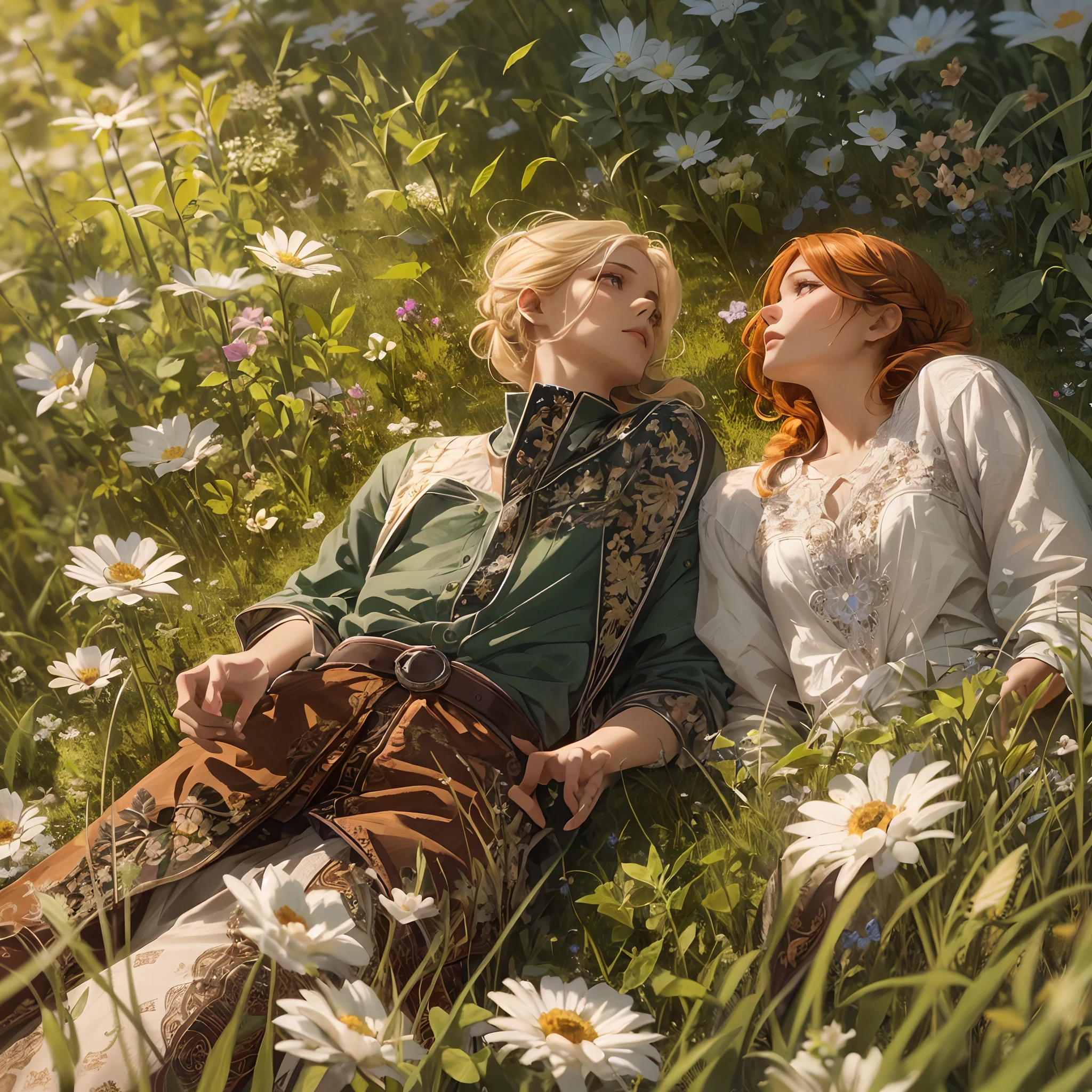 high details, best quality, 8k, [ultra detailed], masterpiece, best quality, (extremely detailed), dynamic angle, ultra wide shot, photorealistic, 2 persons  resting in a grassy meadow (intricate details, Masterpiece, best quality: 1.3), in summer, 1 man (intricate details, Masterpiece, best quality: 1.3) and 1 woman (intricate details, Masterpiece, best quality: 1.3), lying in the pasture the man, a beautiful man (intricate details, Masterpiece, best quality: 1.6), blond hair, bright eyes wearing white shirt,  black pants, the woman exquisite beauty, red hair, braided hair, wearing purple dress (intricate details, Masterpiece, best quality: 1.3), a lady bug in the grass (intricate details, Masterpiece, best quality: 1.3), a bee flying near a flower, a sparrow flying in the sky (intricate details, Masterpiece, best quality: 1.3), sun light, bright light,