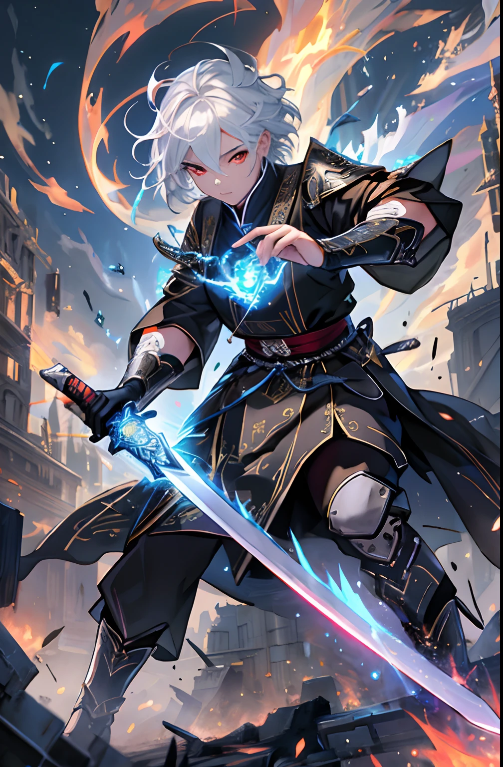 (hoang lap,A high resolution,ultra - detailed),tmasterpiece,best qualtiy,An oriental woman dressed in black wields a duel sword,With a big sword,A sword surrounded by blue flames,official character art,Very short hair,White hair,Bright red eyes,Fine Eye,详细的脸,detailed hair,A city in ruins,darkness's background,full-body view,spark of light,swirles,Um ser celestial,from below,looking-down, cowboy lens,,The facial features are clearly defined,Three-dimensional,Handsome
