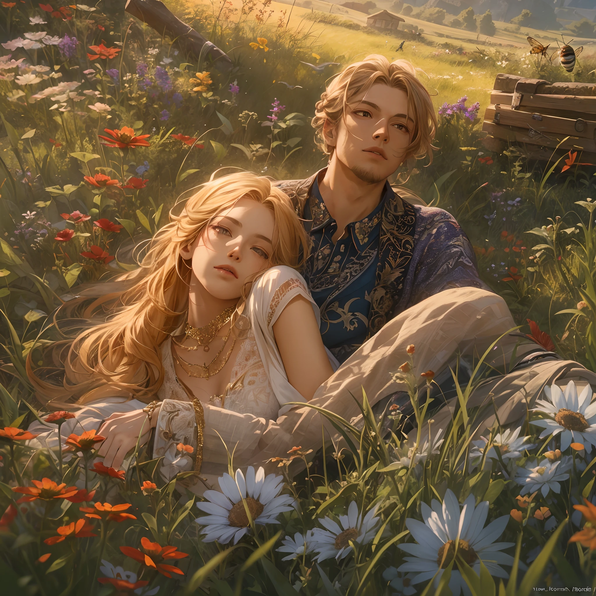 high details, best quality, 8k, [ultra detailed], masterpiece, best quality, (extremely detailed), dynamic angle, ultra wide shot, photorealistic, 2 persons  resting in a grassy meadow (intricate details, Masterpiece, best quality: 1.3), in summer, 1 man (intricate details, Masterpiece, best quality: 1.3) and 1 woman (intricate details, Masterpiece, best quality: 1.3), lying in the pasture the man, a beautiful man (intricate details, Masterpiece, best quality: 1.6), blond hair, bright eyes wearing white shirt,  black pants, the woman exquisite beauty, red hair, braided hair, wearing purple dress (intricate details, Masterpiece, best quality: 1.3), a lady bug in the grass (intricate details, Masterpiece, best quality: 1.3), a bee flying near a flower, a sparrow flying in the sky (intricate details, Masterpiece, best quality: 1.3), sun light, bright light,