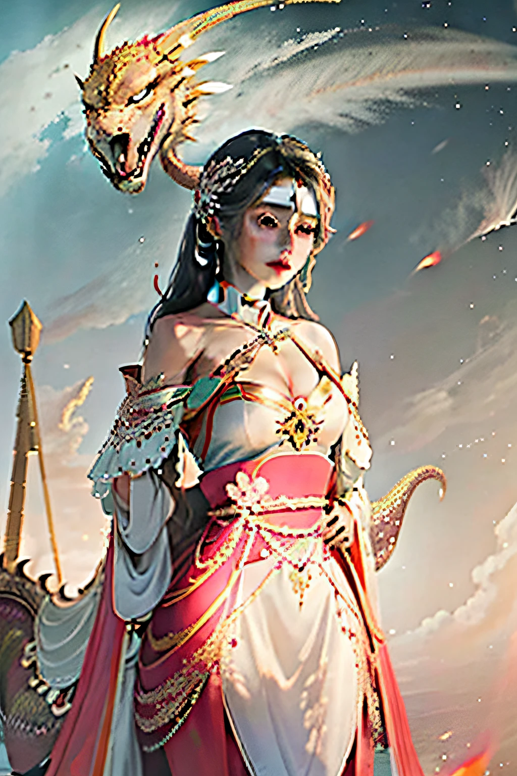 A beautiful woman rides an oriental dragon and gallops in the vast sky，Dressed in gorgeous traditional costumes，Brilliant colorful flowers bloom all around，It is filled with an intoxicating atmosphere of harmony。
