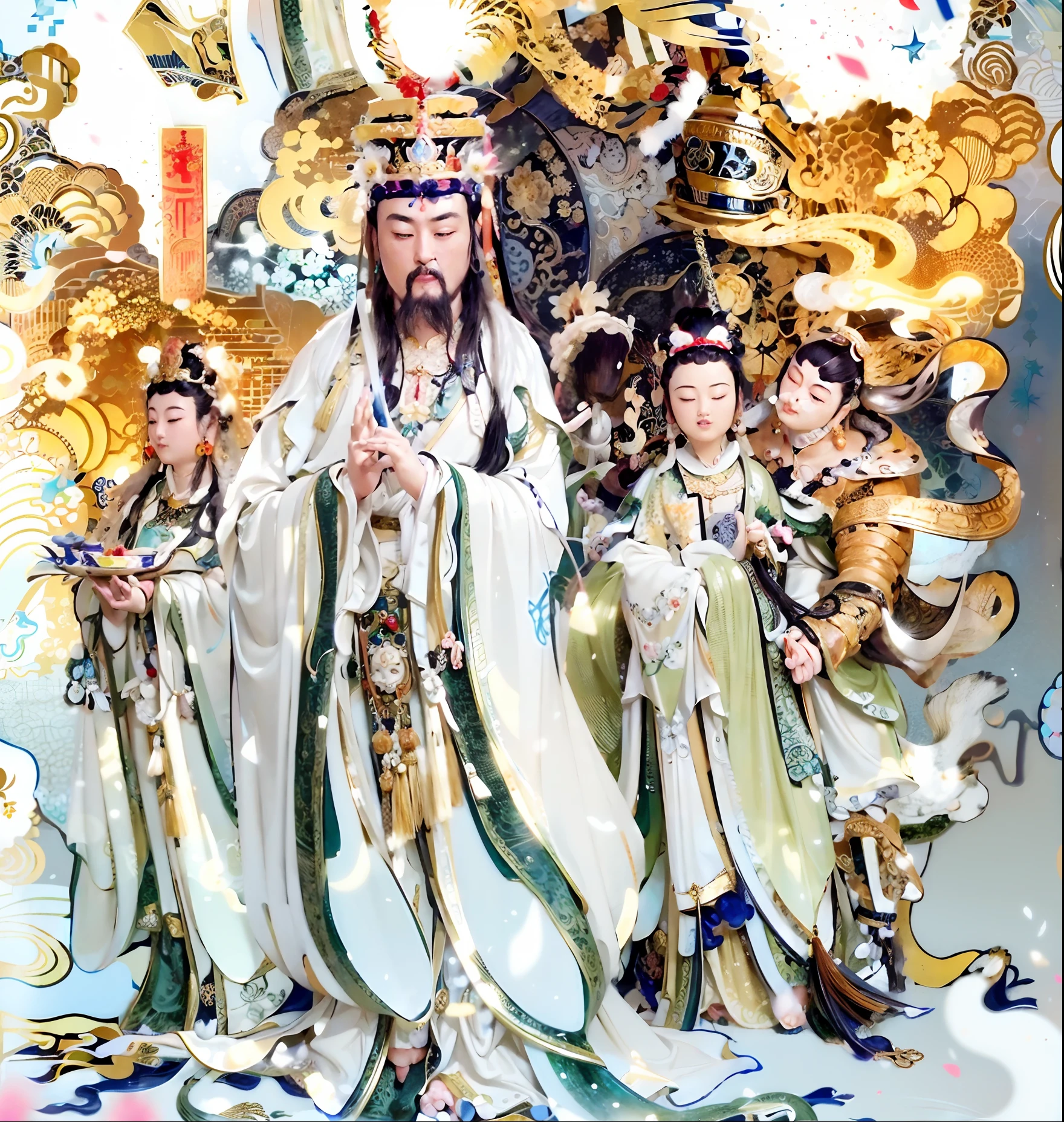 Jade emperor，the emperor， Homem de meia idade，Black beard，Long beard，tiara crown，Majesty，gorgeous colorful clothing，No bare skin，Crown on the head， Cloud in the foreground, Clear fingers,  Clear and vivid facial features,jewelry, dragon crown，Gorgeous dragon robes，Chinese palaces, paths, lotuses， Sharp focus, sun's rays, Sparkling ripples, Wind ripples, hyper-high detail, Realphotos, Intricate details, Perfectcomposition, big breasts beautiful ，the detail， 8 K photography, Photorealistic, Masterpiece, photo-realistic, Image Enhancement,Image post-processing,Image retouching，an ancient Chinese goddess, Princesa chinesa antiga, ancient china art style, Ancient Chinese beauty male Chinese emperor, Inspired by Dunhuang and Tang dynasty murals, Traditional Chinese art,  Wearing ancient Chinese clothes, Chinese mythology, Traditional Chinese clothing，