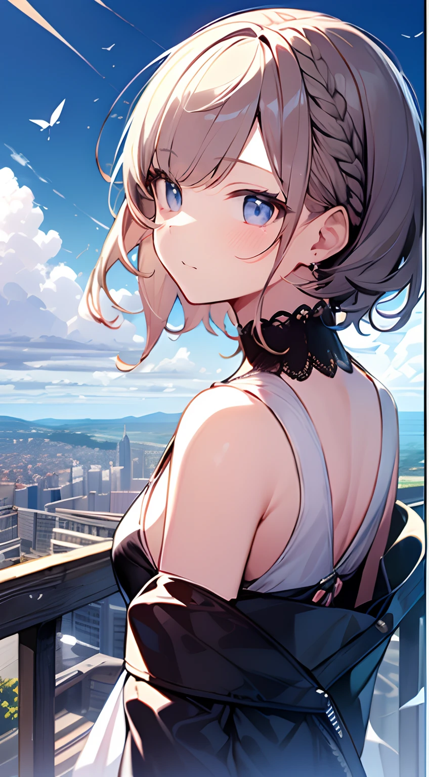 masutepiece, Best Quality,Illustration, Wallpaper, Ultra Detail, absurderes, 1little girl、 Solo, (Medium short hair、short braided hair), Beautiful ultra-detailed eyes , Hair fluttering in the wind、nffsw、 Light hair color、Beautiful sky、(a panoramic view:1.5)