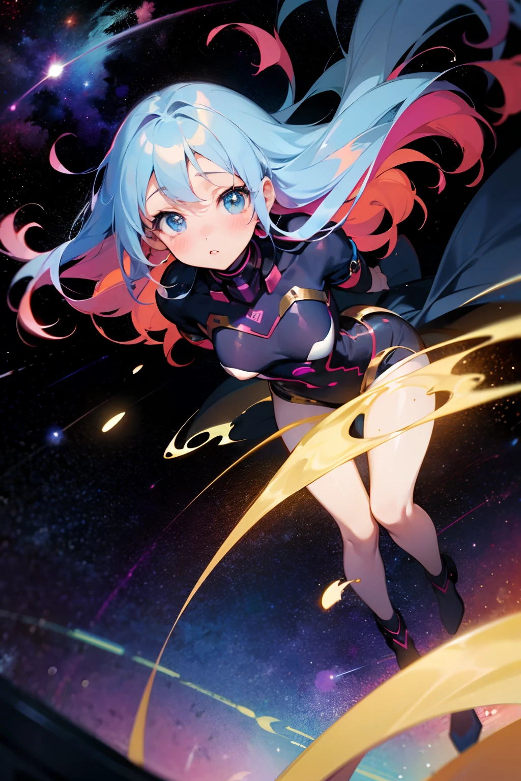 A captivating anime girl with an irresistible charm, her wide innocent eyes fixed on the viewer, her cheeks tinged with a gentle blush, her hair flowing like silk in the zero-gravity of space, surrounded by a cosmic backdrop of swirling nebulas and distant stars, conveying a sense of wonder and curiosity, Illustration, digital art with cosmic color palette