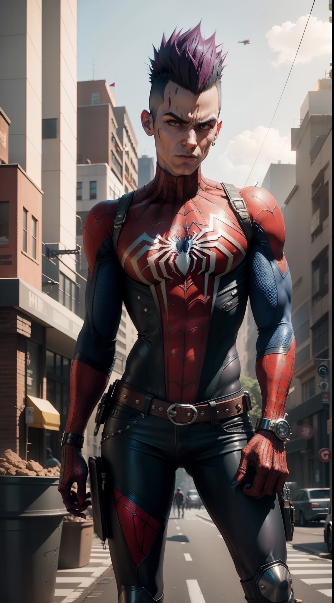 spiderman mutated into punk, mohawk hair, photorealistic, detailed, on a city street, cinematic, dramatic colors, close-up, cgscociety, computer rendering, by mike winkelmann, uhd, shown in cinema4d, hardsurface modeling, 8k, octane render, inspired by beksinski