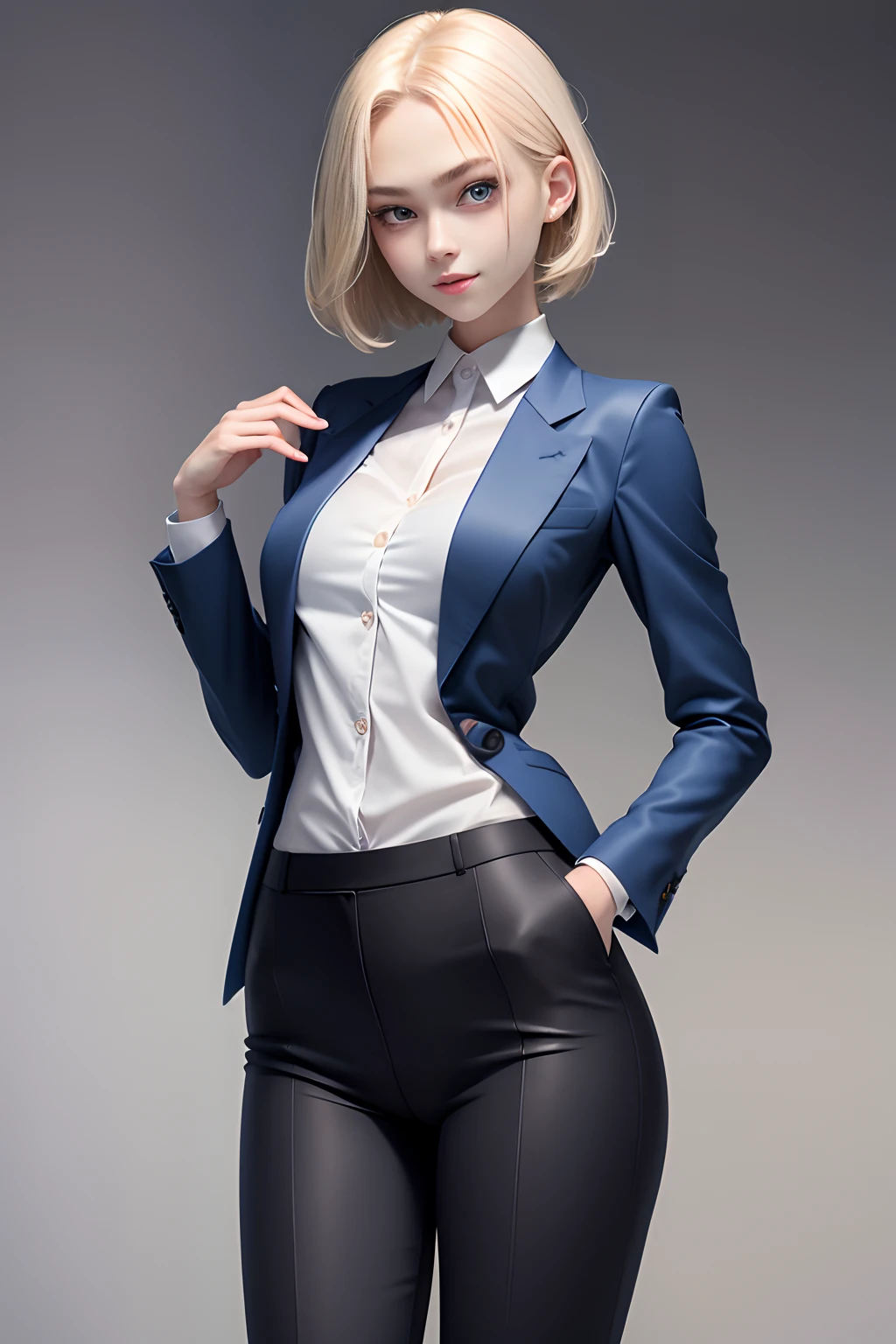 18 year old beautiful girl、Business suits、Attractive Blue Eyes、Smiling、Blonde hair、short dull hair、Beautiful expression、masterpiece、intricate-detail、perfect anatomia、full bodyesbian、frontage、slender long legs、No background
