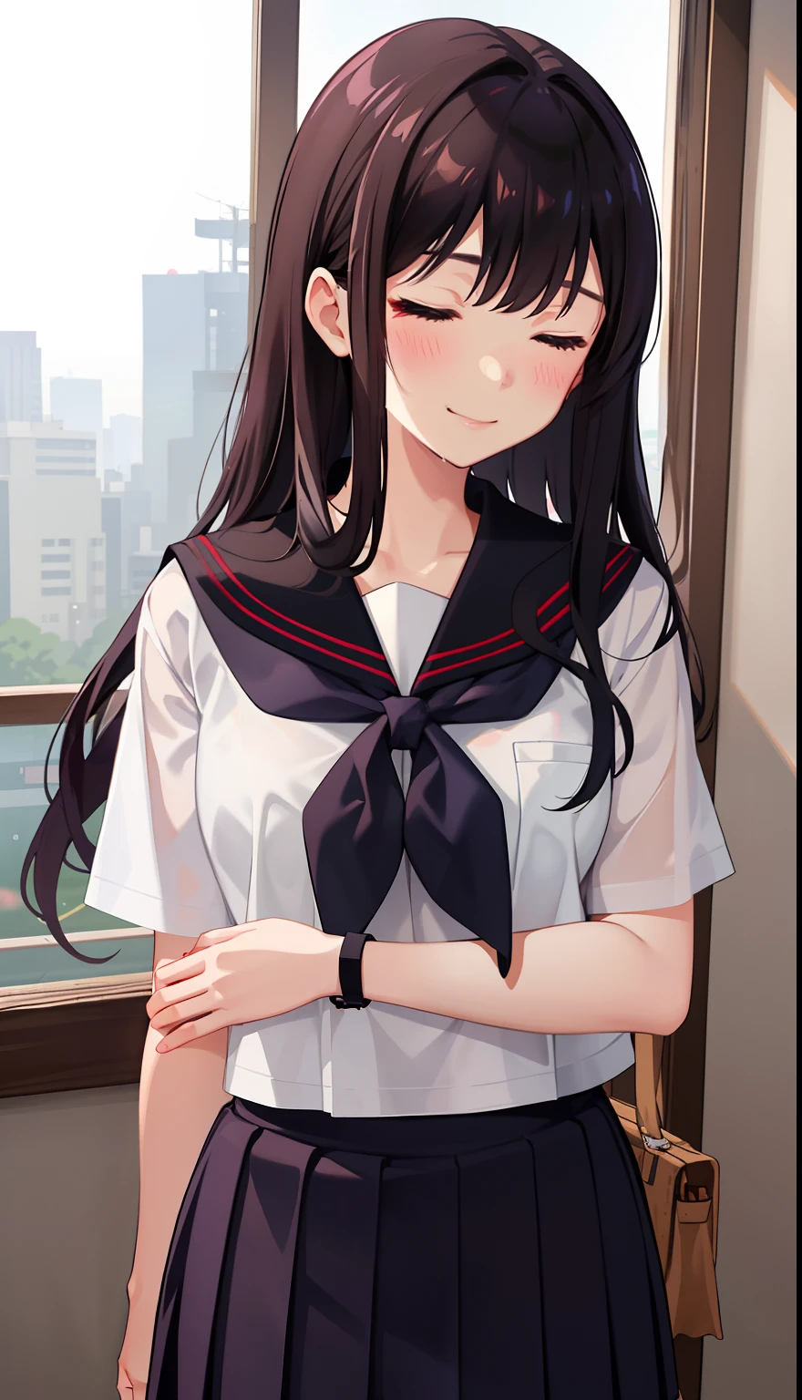 1girl in、A smile、The shirt、skirt by the、(small tits)Chilarism、Japan High School Student Uniform、serafuku、summer clothing、Squall Drenched Uniform、(Sheer Bra)、Upper body portrait、Sleeping in large letters、I'm asleep、