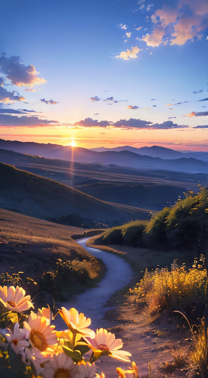 Large sunset clouds、Blue sky、evening light,Pure scenery,Quiet and idyllic,high definition detail、Ultra-detailed and exquisitely presented,Cinematic surrealism,Soft light against the background,Deep focus and bokeh effects,Ray tracing and surrealist art style