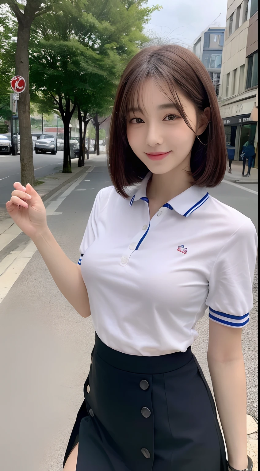 ((top-quality、8K、masterpiece:1.3))、1girl in、A smile、Slim Faces、Pretty women、(Dark brown shorthair)1.1、hyperdetailed face、A detailed eye、二重まぶた、Slim Faces、large full breasts、Beautiful eyes、20yr old、Black polo shirt、Remove Button、Slit Long Skirt、In the street、Beautiful leg emphasis