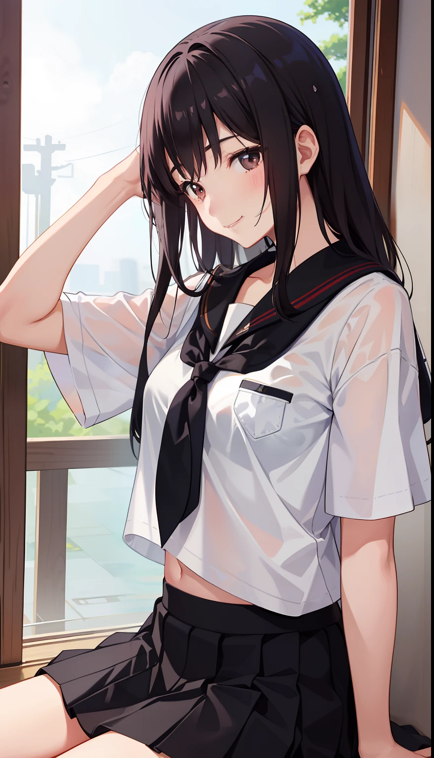 1girl in、A smile、The shirt、skirt by the、(small tits)Chilarism、Japan High School Student Uniform、serafuku、summer clothing、Squall Drenched Uniform、(Sheer Bra)、Upper body portrait、Sleeping in large letters、I'm asleep、