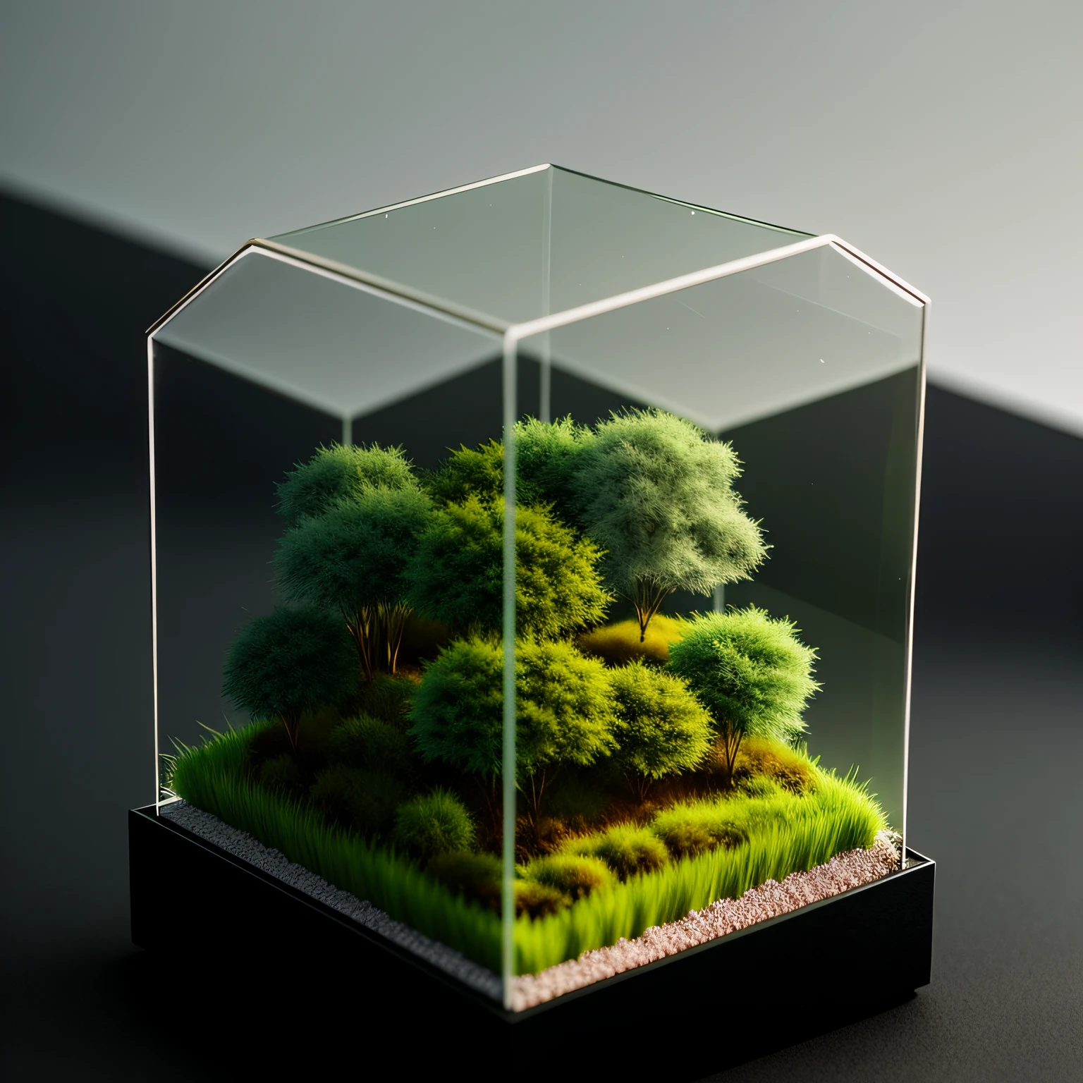 A glass cube，There are micro-groves inside , Realistic trees and grass, Soft light warm gray background, (Fog in the forest:0.2), Slate atmosphere, Cinematic, darkened with color, dark shot, pastel colour, film grainy, lute, Spooky
