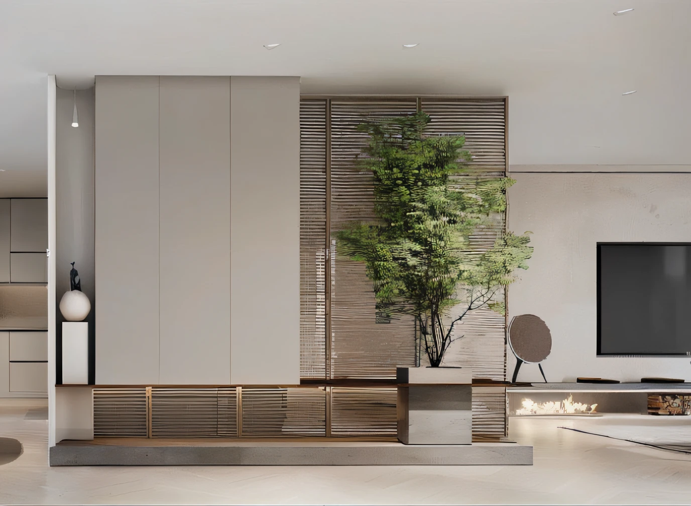 Modern minimalist style，Living room with TV and plants，natural realistic render，vray 8k render，High-quality 8km concept art picture，low details and clean lines，muted colors with minimalism。