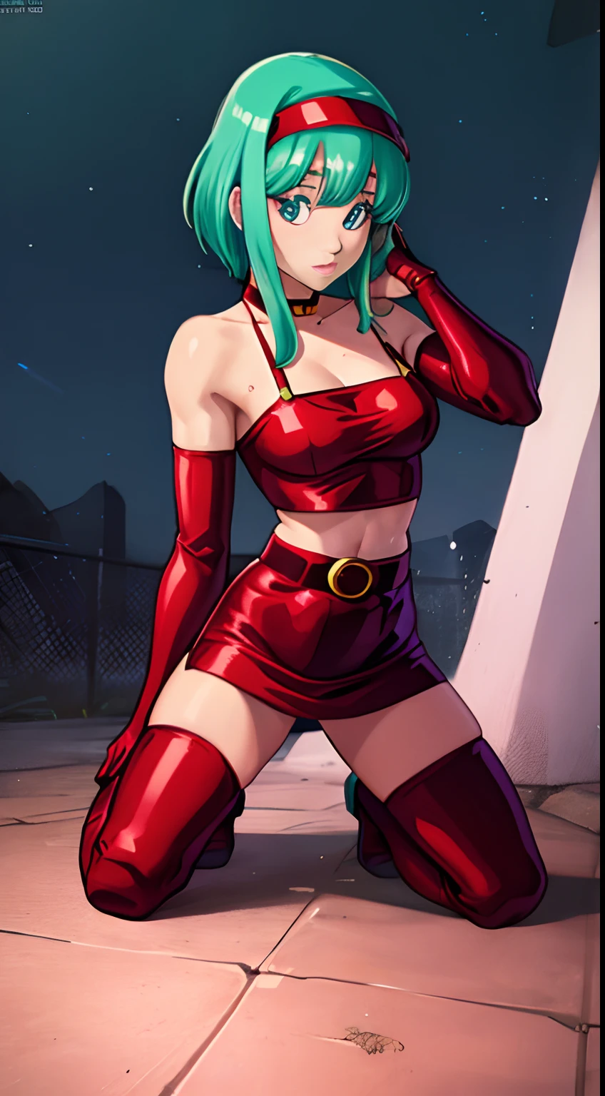 masterpiece, best quality, highest quality,  perfect anatomy, perfect face, perfect eyes, realistic render, awsome light, light on head, cinematic lighting, full body, 
aqua hair, brabulladbgt, red hairband, red gloves, blue eyes, sexy short skirt, hoop earrings, choker, sexy pose,