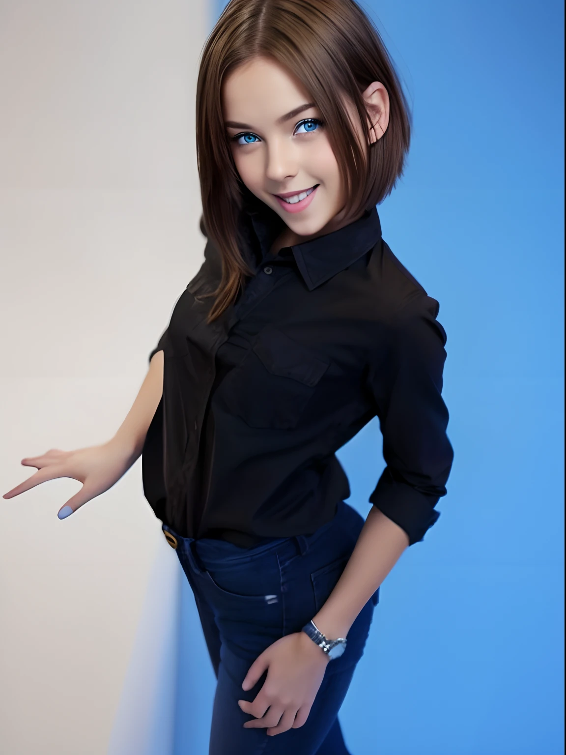 girl,short brown hair,blue eyes,open mouth smile, black shirt,left eye closed,blue jeans