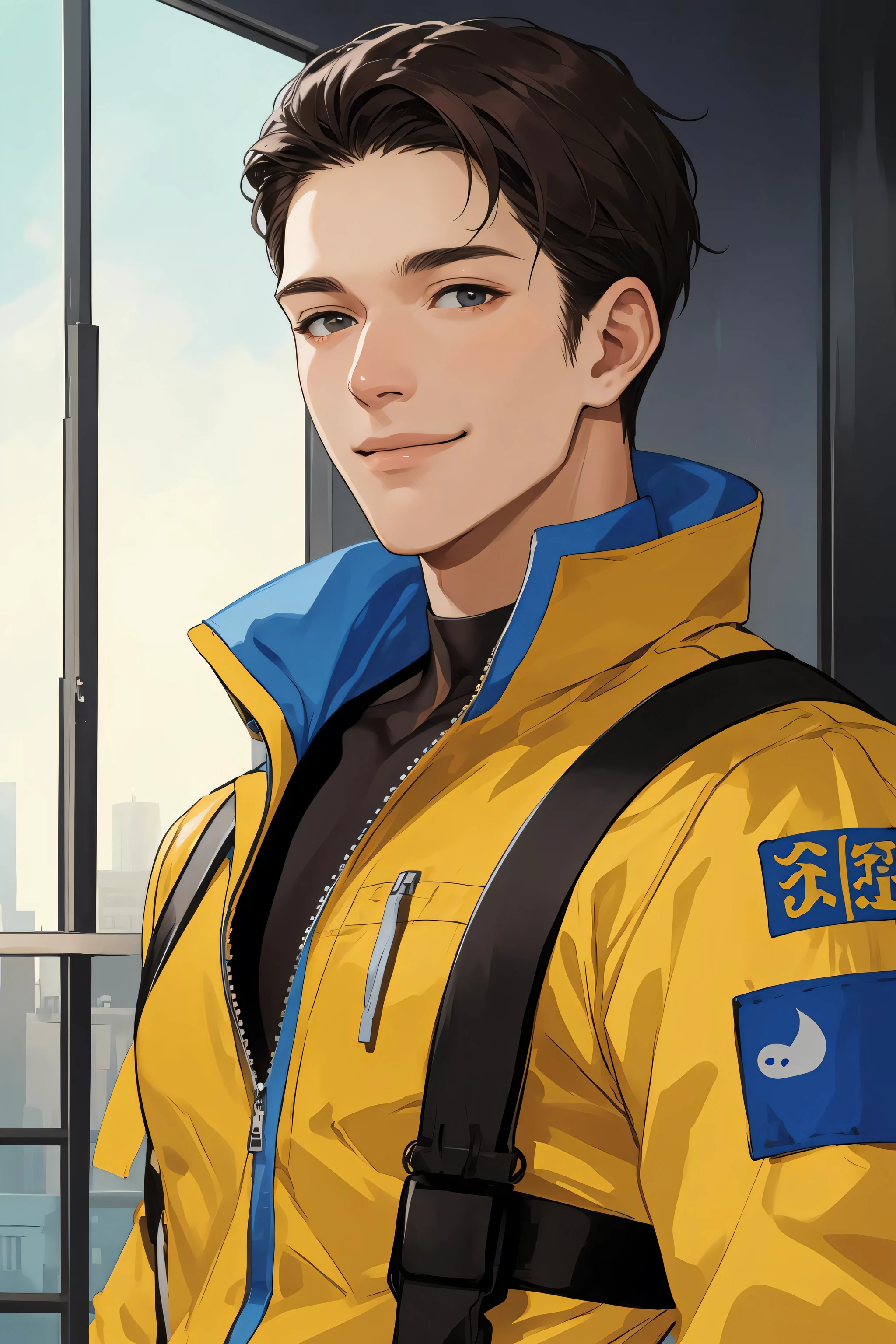 masterpiece, best quality, realistic, 1man, mature male, tall muscular, handsome, smile, closed mouth, portrait, extremely detailed face, jumpsuit