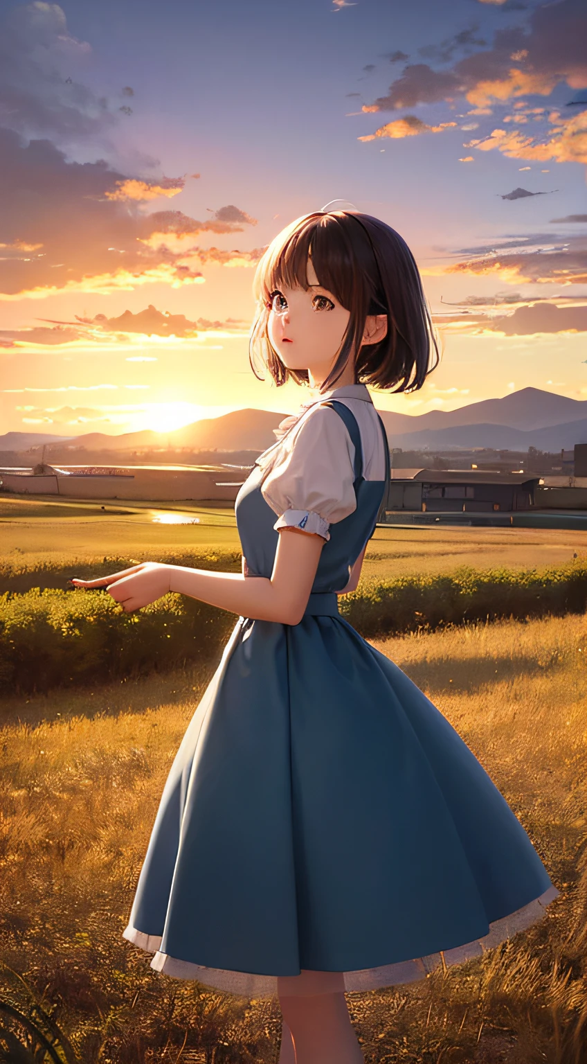 Large sunset clouds、Blue sky、evening light,Pure scenery,Don't show up characters+1.5, Pictures are not divided,Quiet and idyllic,high definition detail、Ultra-detailed and exquisitely presented,Cinematic surrealism,Soft light against the background,Deep focus and bokeh effects,Ray tracing and surrealist art style
