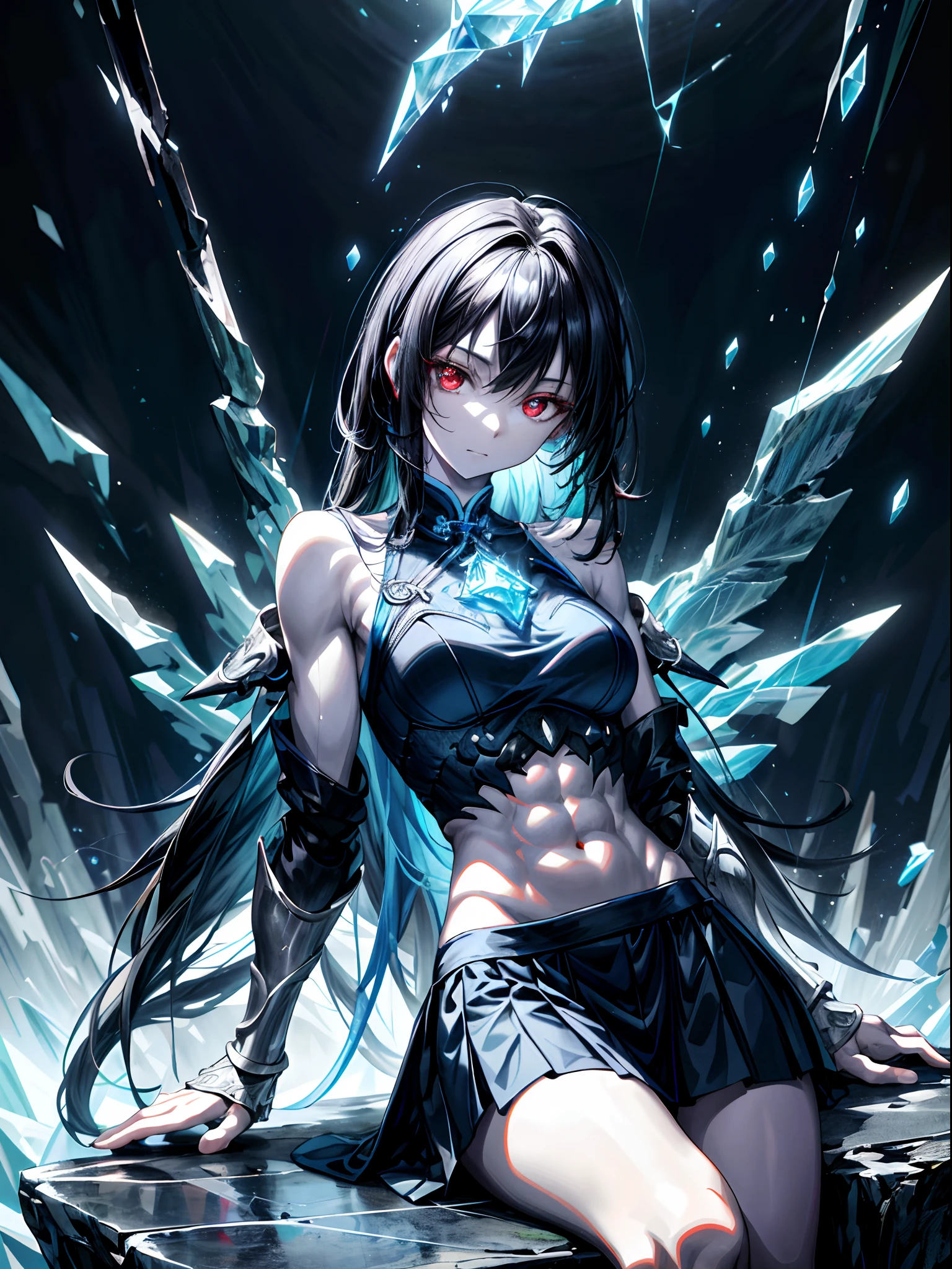 8K, complex, elegant, Highly detailed, Majestic, Digital photography, cowboy lens, surrealism painting, Broken rubies, Beating magic, Entwined ice magic, (Masterpiece, Side light, Fine beautiful eyes: 1.2), hdr, Void 5 Energy Storm, (Chinese girl, Black red eyes: 1.5), Pale skin, Glowing skin, ( Sitting on a stone: 1.5), Delicate face, Black hair, Wearing palatial blue armor, Bare shoulders, navel, Short skirt, Exquisite blue armor, Rained, Beautiful, Looking at the audience, Turn away from the camera, Masterpiece, Upper body,Portrait,Muscular,musculature,Strong,Abs(body builder:1.5)
