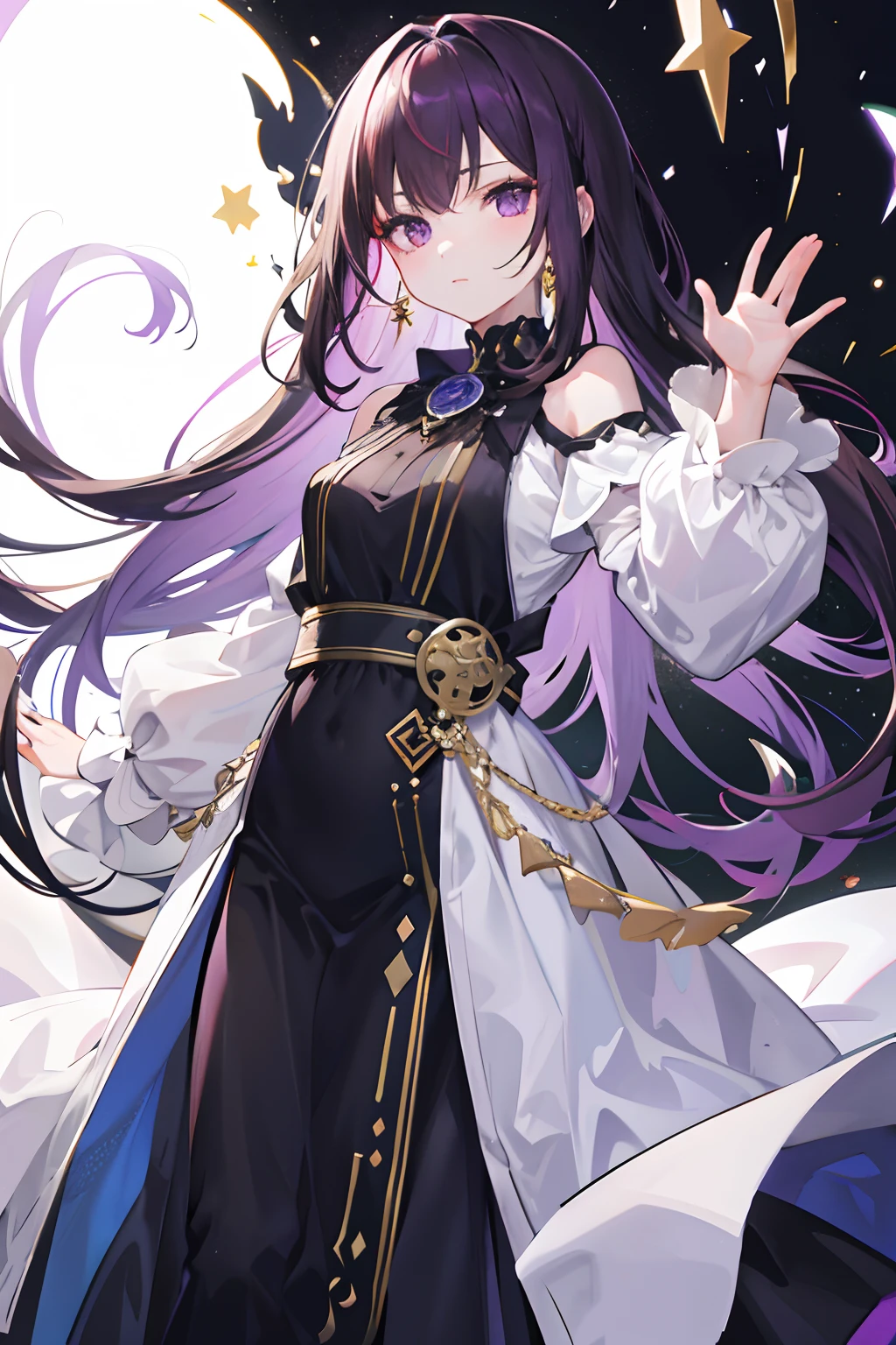 1girl,Purple eye,brunette color hair,long whitr hair,black long dress