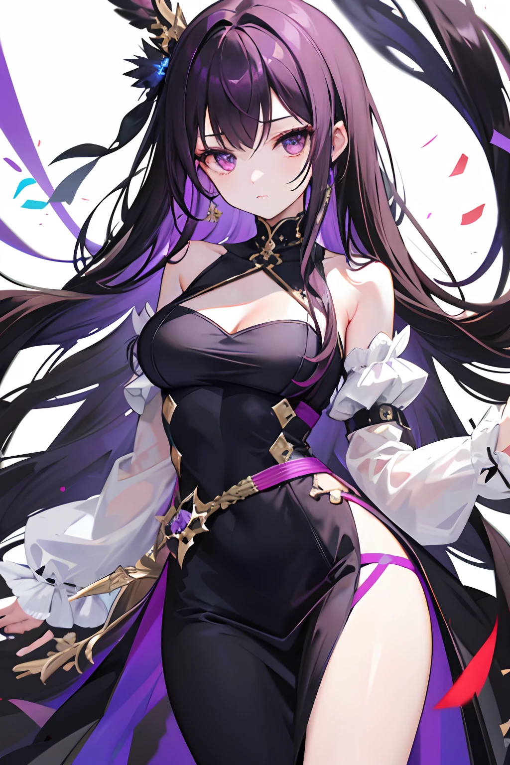 1girl，Purple eye，brunette color hair，long whitr hair，black long dress