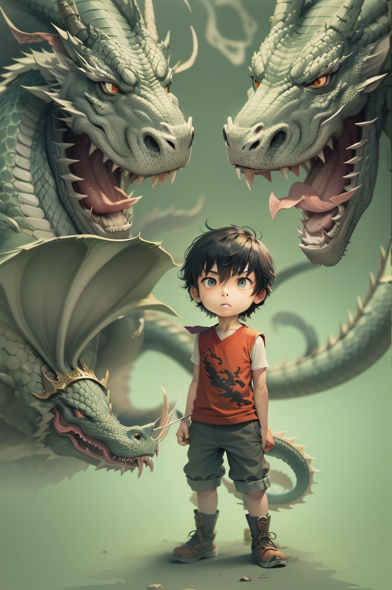 The boy fights the dragon,The dragon is the Chinese dragon,The background is gray and ruining the world