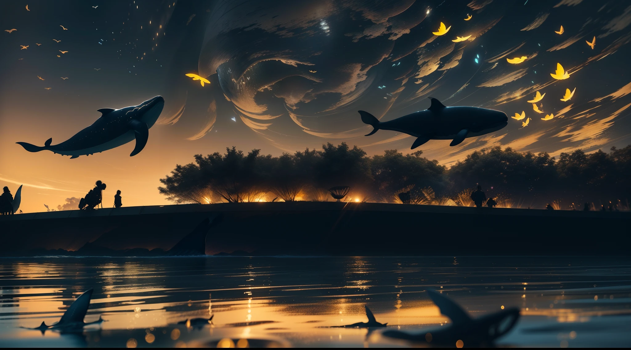 Firefly texture,Transparent whales,Shine with golden light,Floating on the surface of the sea,Firefly silhouette,cleanness,nigth,The crowd looking up,Ultra-wide-angle picture,Ultra-clear image quality,Extremely detailed,Epic artwork