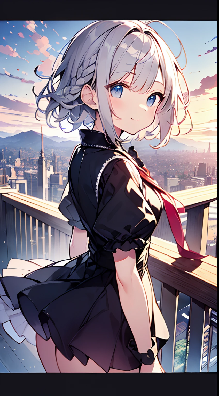 masutepiece, Best Quality,Illustration, Wallpaper, Ultra Detail, absurderes, 1little girl、 Solo, (Medium short hair、short braided hair), Beautiful ultra-detailed eyes , Hair fluttering in the wind、XD、 Light hair color、Beautiful sky、(a panoramic view:1.5)