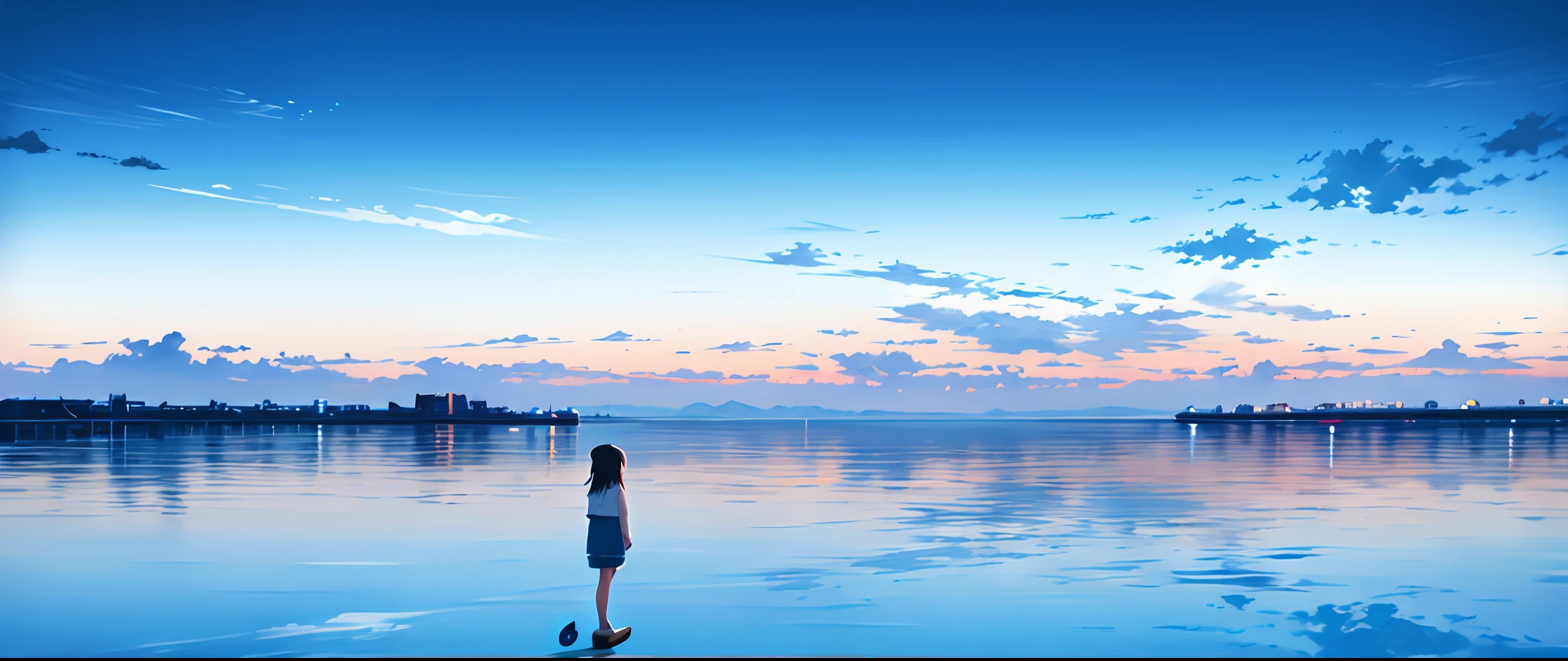There was a man standing on a pier in the water, Anime girl walking on water, Makoto Shinkai Cyril Rolando, pondering. By Makoto Shinkai, Makoto Shinkai. a digital rendering, Makoto Shinkai!, Makoto Shinkai!!, Shinkai Makoto style, Makoto Shinkai's style
