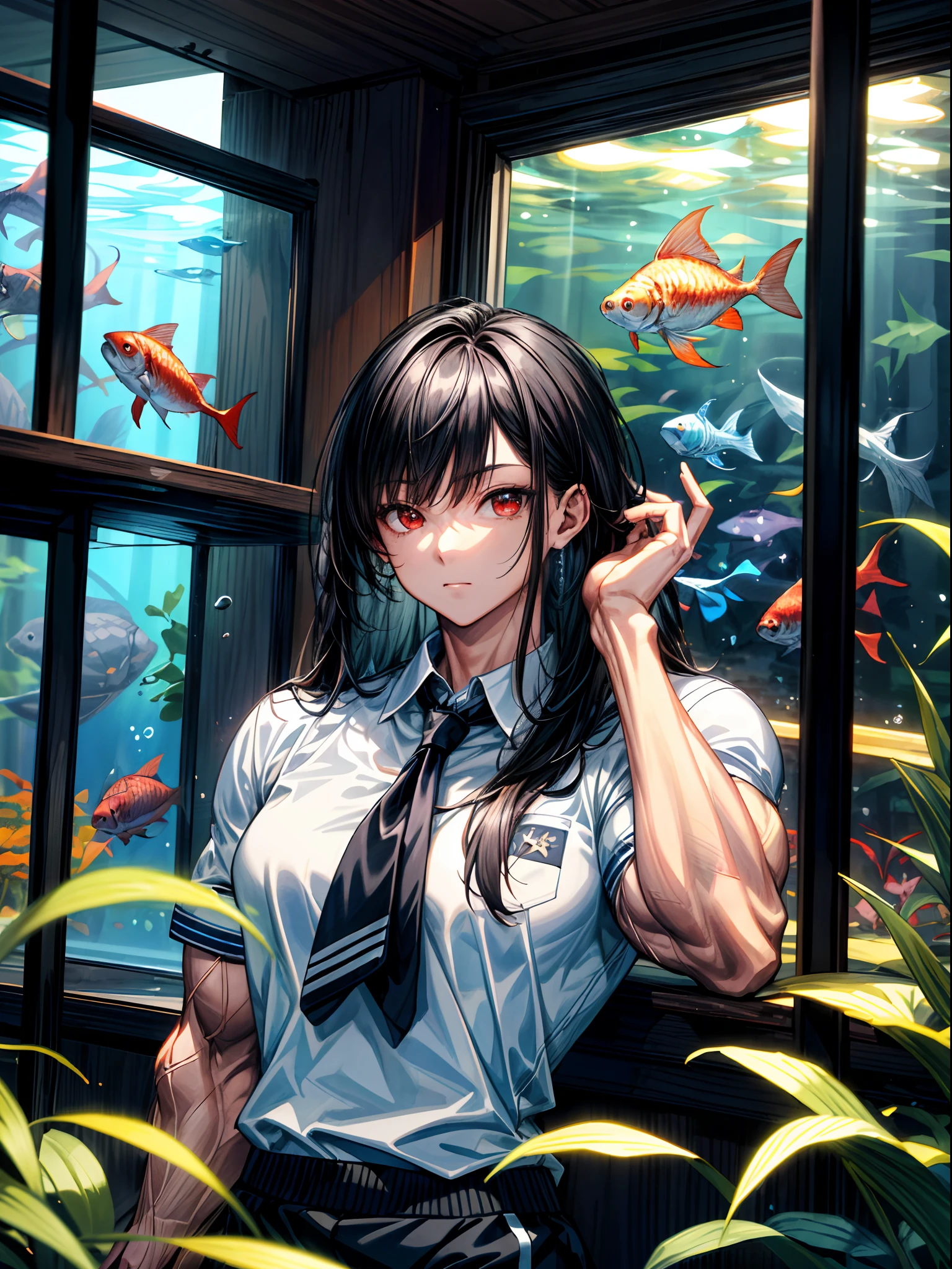 (best lighting) , (super-complex details) , 4K unified, (super-detailed CG: 1.2) , (8K: 1.2),(original), (masterpiece) , (best quality),(Masterpiece:1.4),Anime-ish high quality,(masterpiece),masterpiece, best quality, absurdres,((Masterpeace, 4k, 8k, highres)),(masterpiece), (best quality), (ultra-detailed), (an extremely delicate and beautiful), ((cowboy shot)), 1 woman, Yoru, beautiful face, detailed face, red eyes, scar on the cheek, long hair, black hair, school uniform, white shirt, black tie, dynamic pose, looking at viewer, on a aquarium, fish tank behind her, algae, marine life, blurred bottom, female focus, depth of field, full HD, high definition, high resolution
, ((body builder:1.5)),temple background,(beautiful bace),(girl),(female),(((upper body:1))),from front