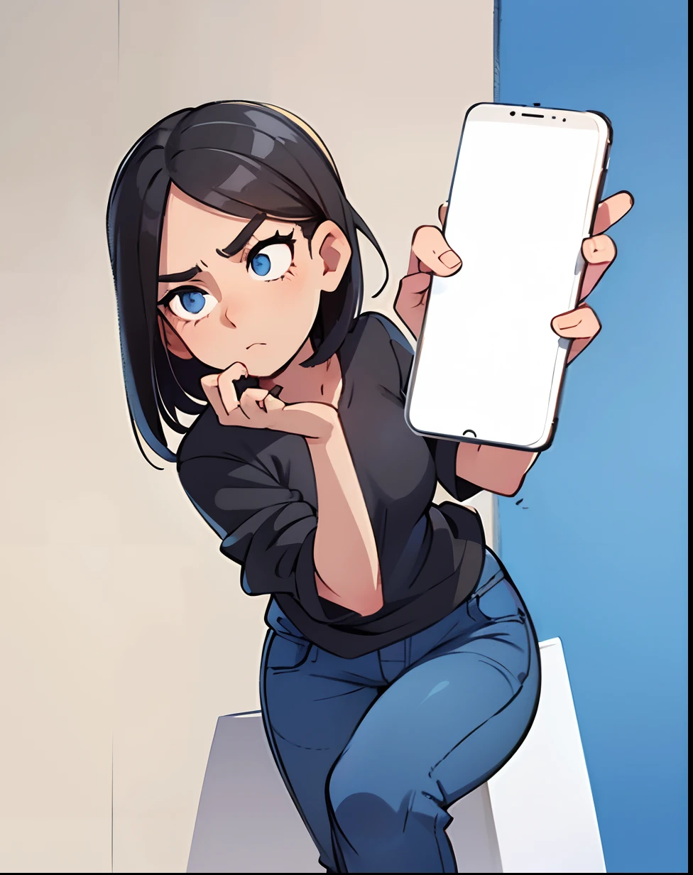 a girl,holding cell phone,short black hair,blue eyes,neutral face expression, black shirt,blue jeans