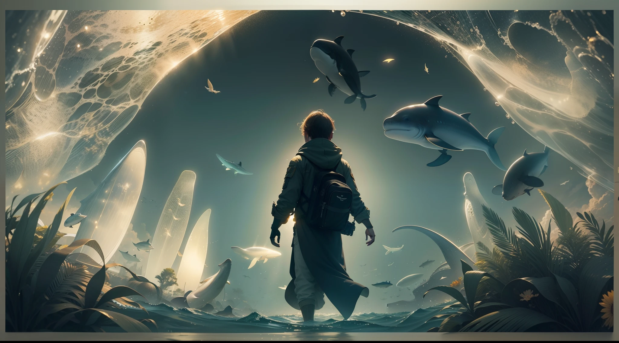Firefly texture，Transparent whales，Shine with golden light，Floating on the surface of the sea，Firefly silhouette，cleanness，nigth，The crowd looking up，Ultra-wide-angle picture，Ultra-clear image quality，Extremely detailed，Epic artwork