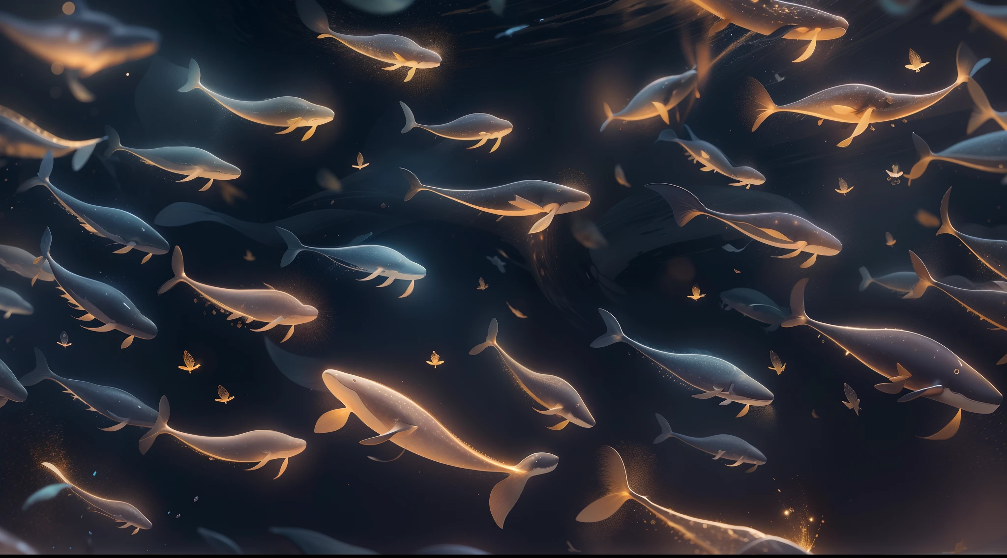 Firefly texture，Transparent whales，Shine with golden light，Floating on the surface of the sea，Firefly silhouette，cleanness，nigth，The crowd looking up，Ultra-wide-angle picture，Ultra-clear image quality，Extremely detailed，Epic artwork