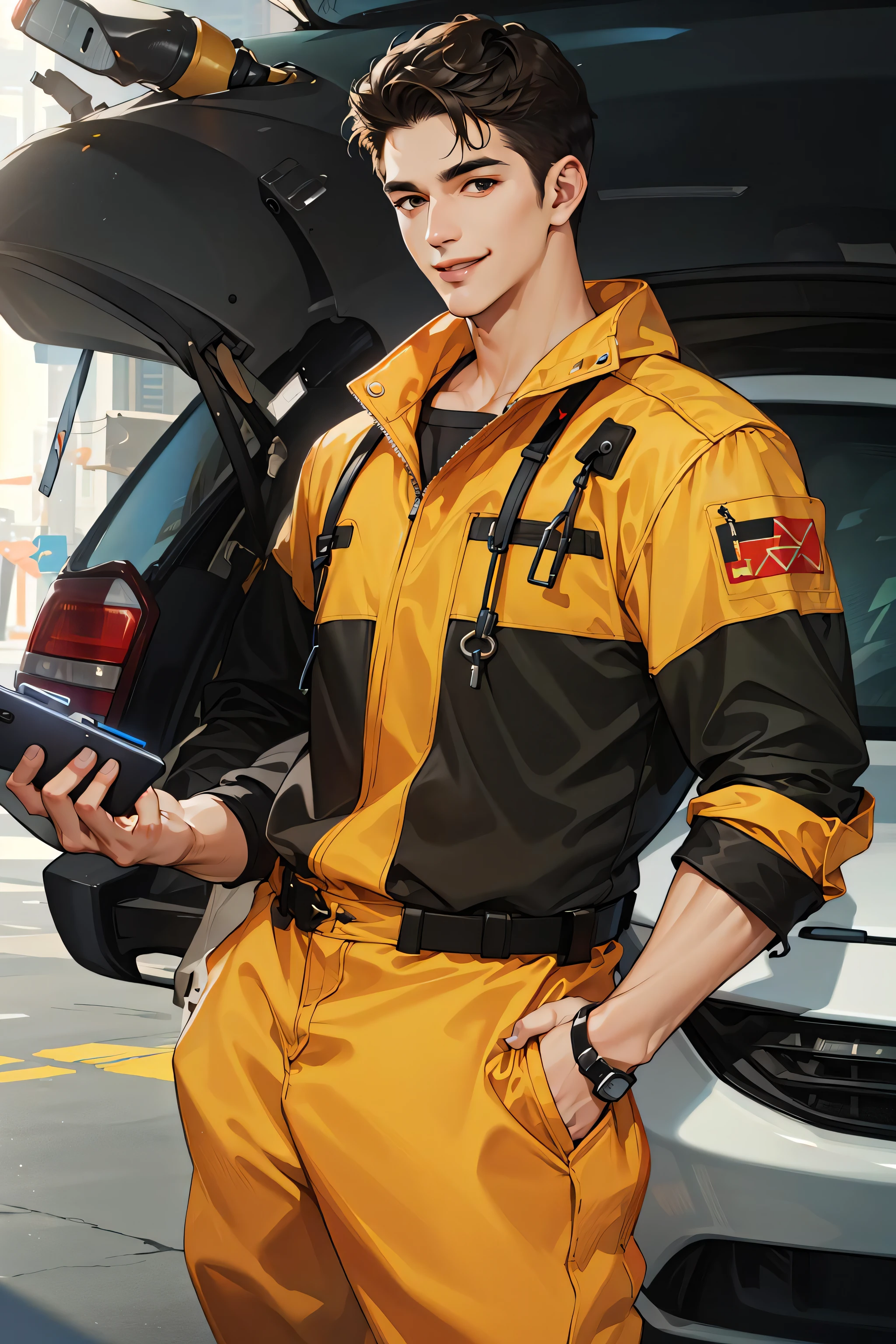 (absurdres, highres, ultra detailed, realistic, ), 1 male, solo, adult, mature, tall muscular guy, broad shoulders, handsome, (very short hair:1.4), angular jaw, thick neck, thick eyebrows, smile, jumpsuit, car repair shop, depth of field