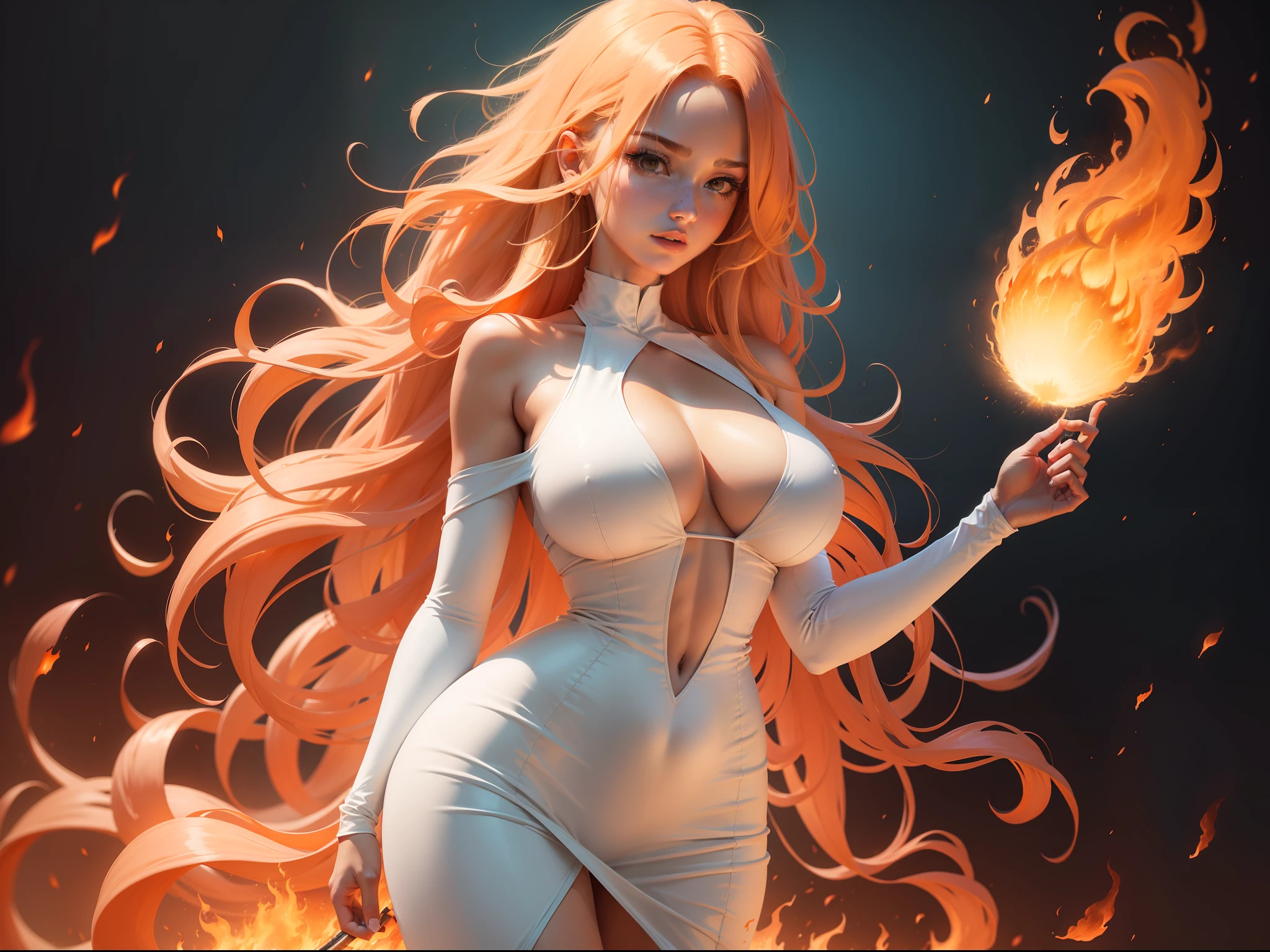 1girl, long orange spiky hair, white tight dress, big breast, hair made of fire