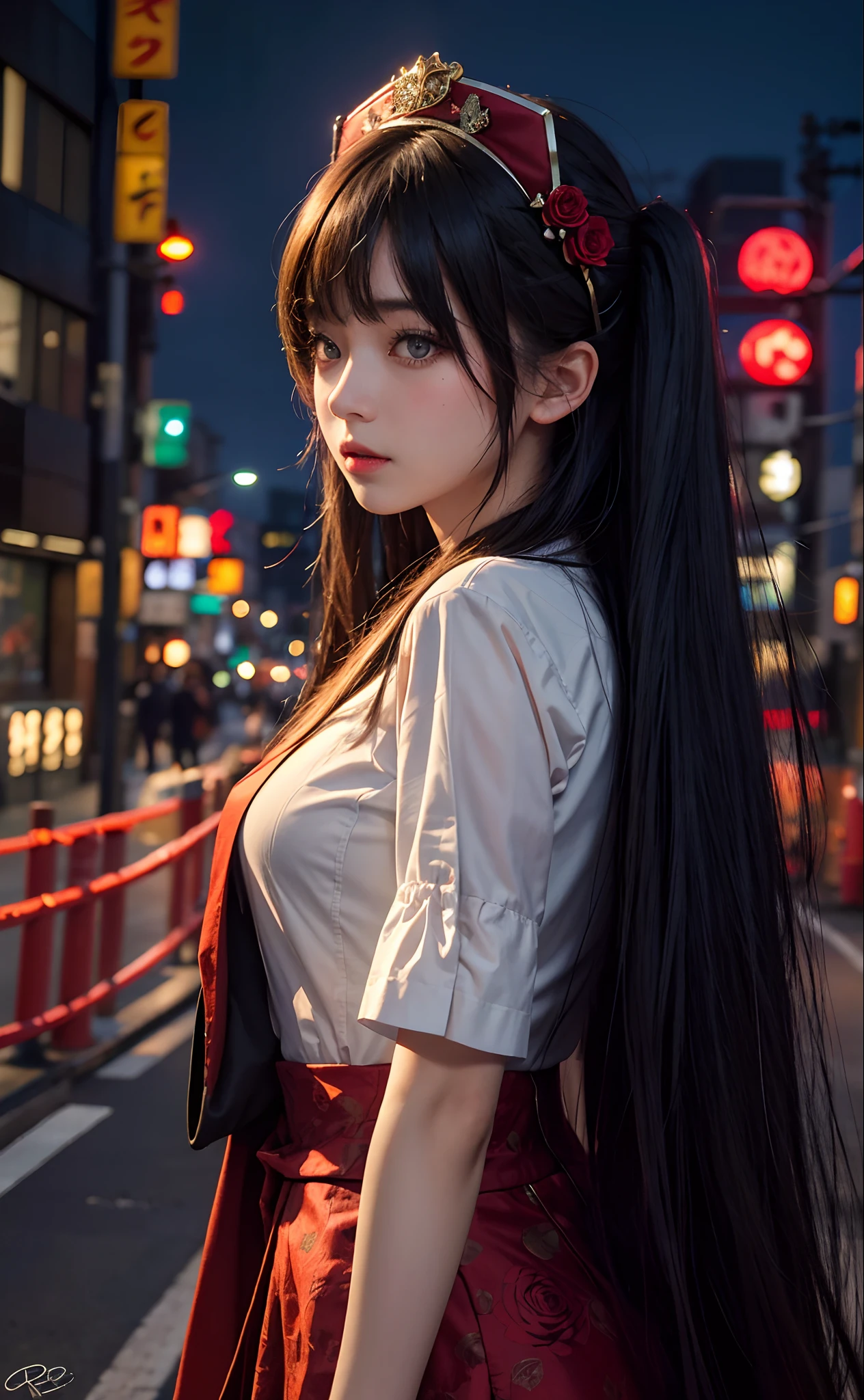 1girl, Tokyo street,night, cityscape,city lights, upper body,close-up, 8k, RAW photo, best quality, masterpiece,realistic, photo-realistic,headgear of red rose, parted bangs, long hair,