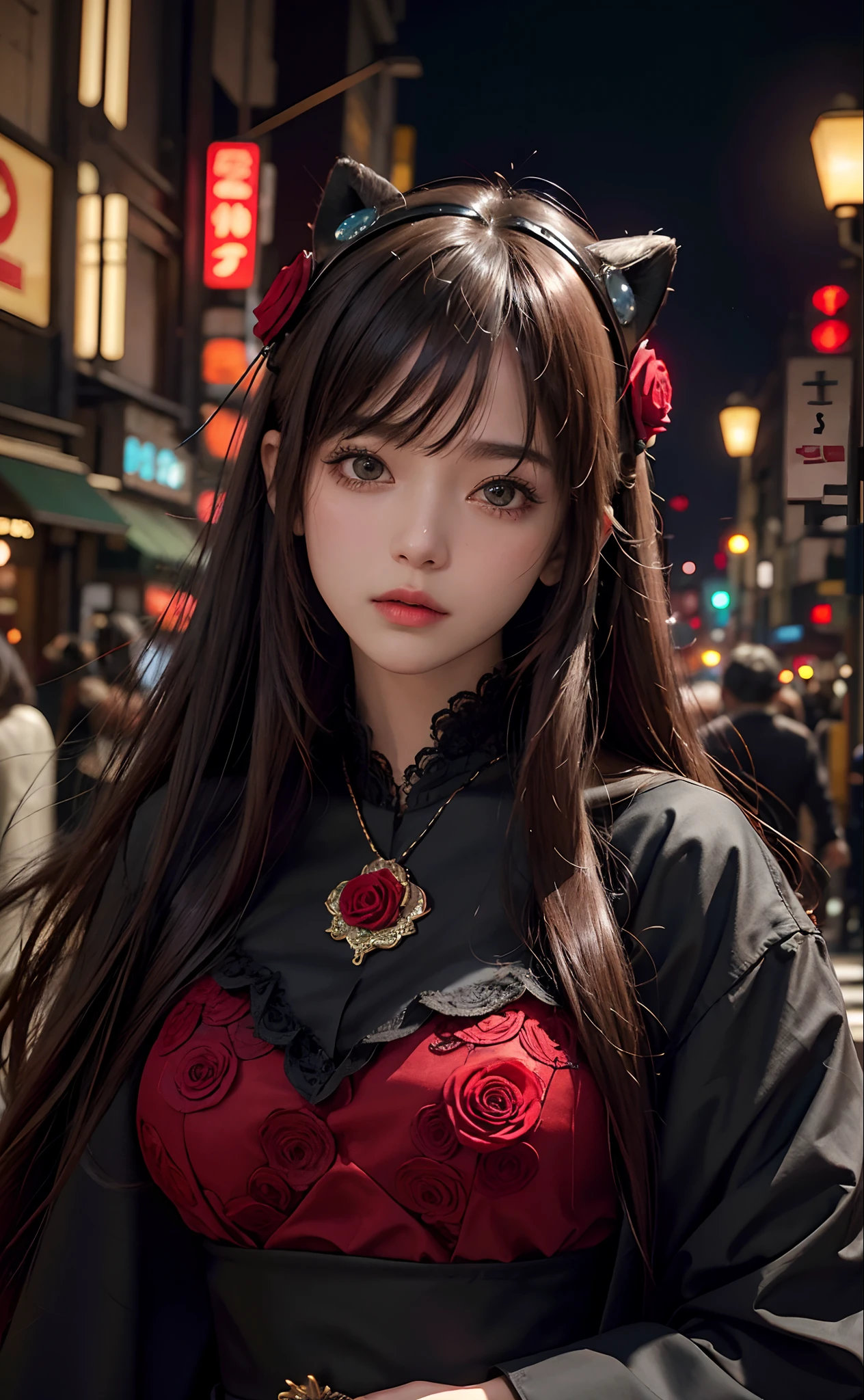1girl, Tokyo street,night, cityscape,city lights, upper body,close-up, 8k, RAW photo, best quality, masterpiece,realistic, photo-realistic,headgear of red rose, parted bangs, long hair,