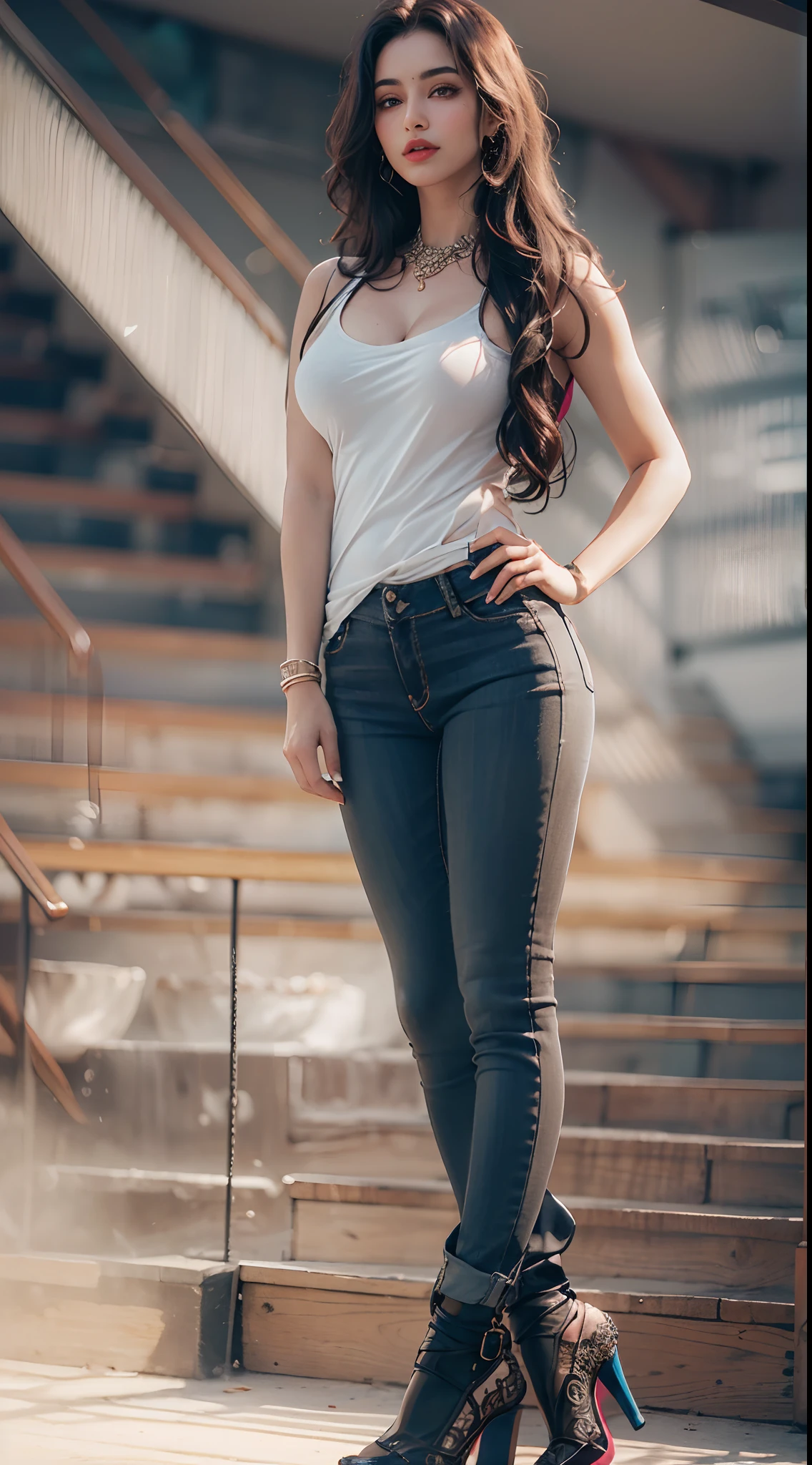 (social park in background:0.5), (indian babe:1.5) (satin casual long shirt for office), (ladies broad elastic black jeans :1.2), (Beautiful face:1.5), (detailed face:1.1), (detailed eyes:1.1), (highly detailed skin:1.0), (red lips, long doe like intoxicating eyes with mascara blush), (beautiful background:1.5), (perky boobs:1.5), (fake boobs:1.5), (fitness body:1.2), (hyperrealistic:0.8), (full body shot:1.5) ,((perfect legs)), (Beautiful clothes:1.5), (extremely intricate:1.3), (realistic textures:1.4), (realistic, photorealistic, Raw photo:1.4), (hdr, sharp, focus:1.2), (highres:1.3), (realistic:1.2), (hyperrealistic, Vivid colors:1.47), (masterpiece:1. 5), (best quality:1. 4), (ultra highres:1. 2), (8k:1. 2), (soft focus:1. 4), (sharp focus:1. 4), garter necklace, unreal engine, 1girl, (high heel:1.5),