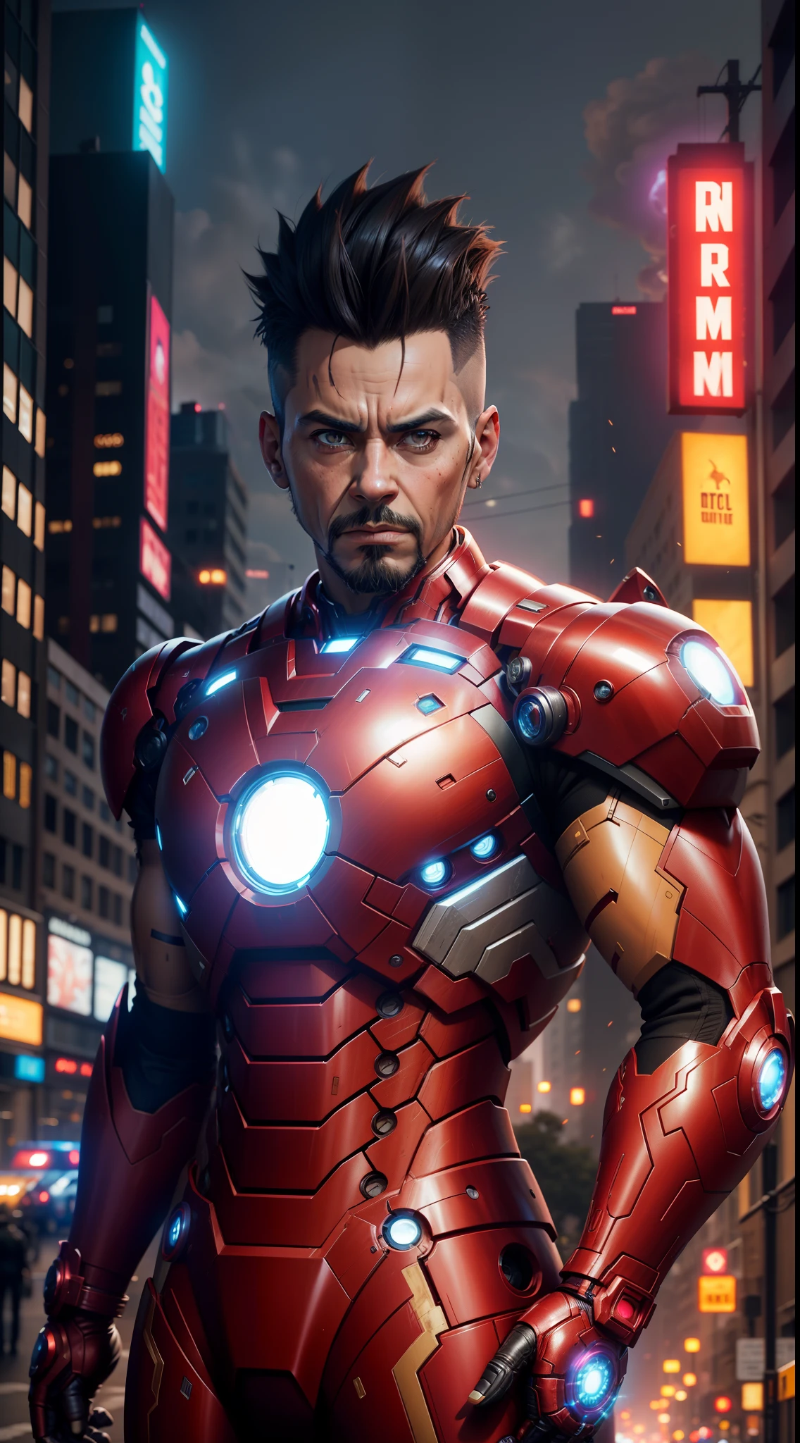marvel character iron man mutated into punk, mohawk hair, photorealistic, detailed, on a city street, cinematic, dramatic colors, close-up, cgscociety, computer rendering, by mike winkelmann, uhd, shown in cinema4d, hardsurface modeling, 8k, octane render  , inspired by beksinski
