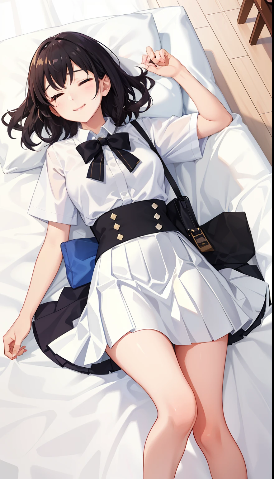 1girl in、A smile、A delightful! The shirt、pleatedskirt、White skirt、(small tits)Sleeping in large letters、