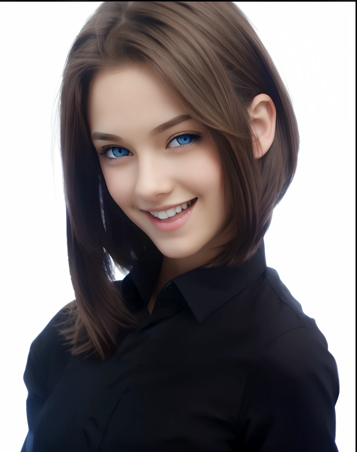a girl,short brown hair,blue eyes,open mouth smile, black shirt,left eye closed