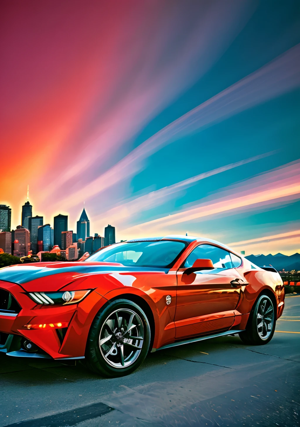 FUTURISTIC MUSTANG RED COLOR  zoom out cruising down a glamorous city boulevard  colorful cartoon coloring book vibrant colors contrast zoom out unzoomMatch Cut Sky blue lighting, 24-85mm Abstract --aspect 1:1 --s 750 --v 5.2