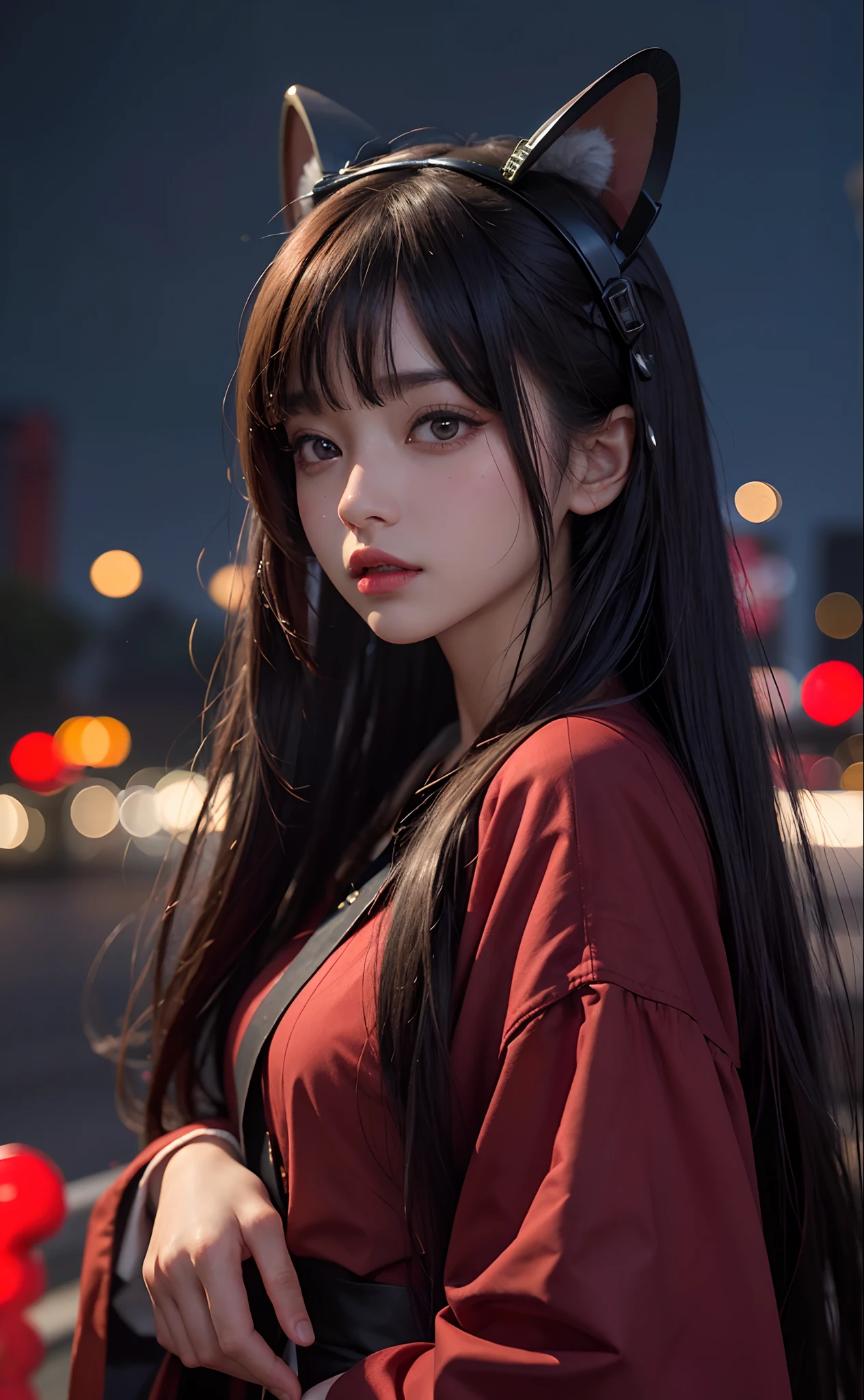 1girl, Tokyo street,night, cityscape,city lights, upper body,close-up, 8k, RAW photo, best quality, masterpiece,realistic, photo-realistic,headgear of red rose, parted bangs, long hair,
