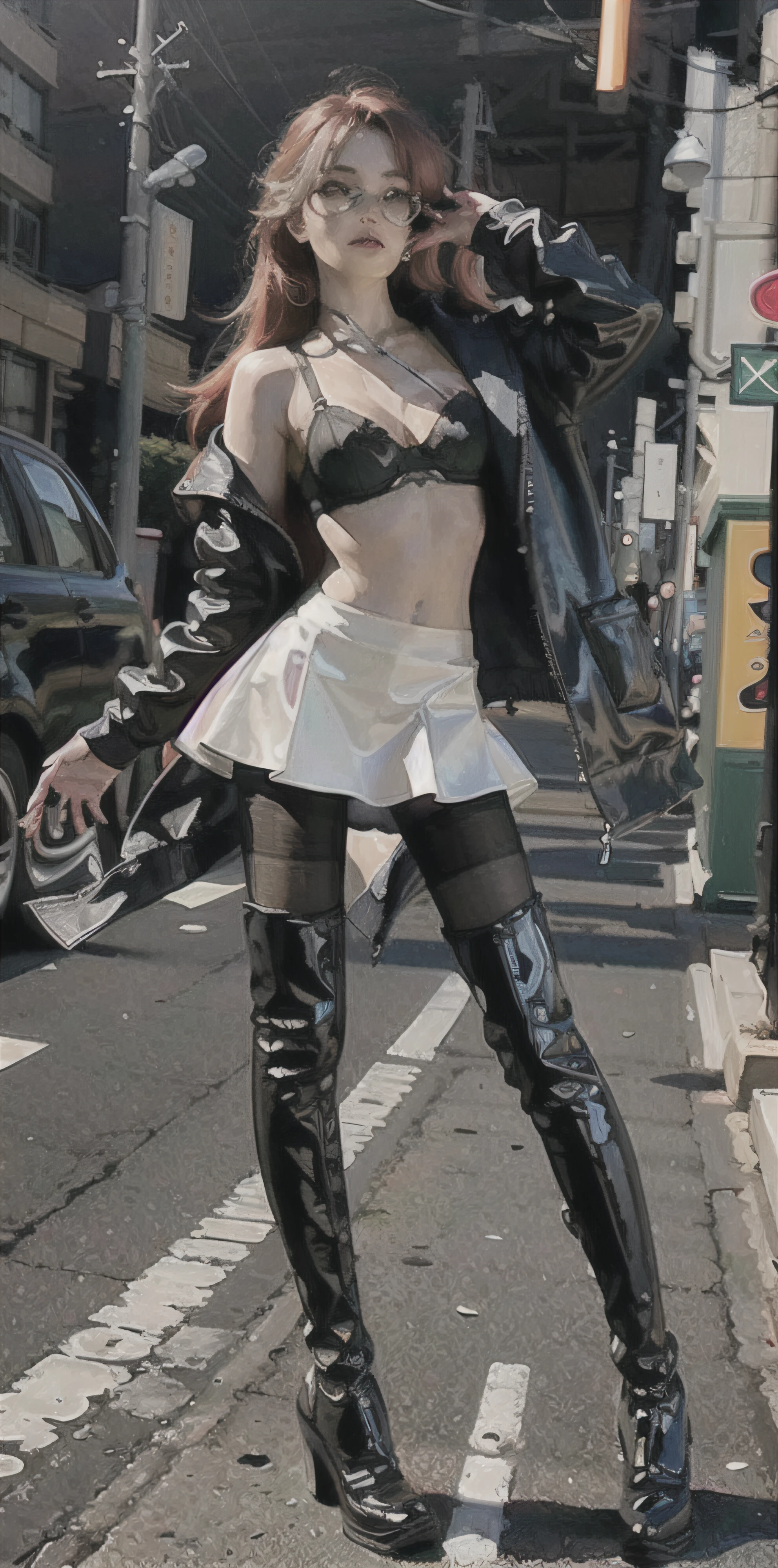 1girll,(8K, RAW photo, Best quality, Masterpiece:1.2), (1girll,Solo:1.29),(Realistic, photo-realistic:1.37),(Street photography:1.54),Boots,(2 boots,2 normal legs),Over-the-knee boots,(Stand upright,Orthographic lighting,whole body picture:1.88),(knee high boots:1.75),(Leather boots:1.6),(Over-the-knee boot cover 3/4 legs:1.55),(high-heels:1.2),(Silvery hair),(Silver boots),(leather miniskirt:1.3),(High heels:1.4),(2 Long heels:1.2),(2 stiletto heels:1.33),(2 slim heels:1.33),(Bra:1.65),(Silver patent leather boots:1.4),(The boots clung to her legs:1.5),(The boots are pressed tightly against the thighs, Accentuate the curve of the legs),(Black pantyhose:1.8),(Black thin pantyhose:1.6),(Black thin oily pantyhose:1.6),(The line between the legs and the black silk skirt is clear:1.5),(Ultra-detailed,full bodyesbian),(Red long-haired,Red hair,Bright red hair:1.4),(Beautiful detailed girl:1.5) ,Beautiful nose,(Extremely detailed eyes and face:1.5), (Beautiful detailed eyes:1.5),(light in face:1.5),(Hanfu:1.1),beautiful detailed lips,Professional lighting, No hats,(Hanfu:1.1),2 legs,photon maping, Radio City, Physically-based rendering,Extremely detailed eyes and face, Beautiful detailed eyes,light in face,Cinematic lighting,Beautiful detailed sky,Details of Shanghai streets,Morning,sun light,Short jacket,Hoodie,school uniform,(Open legs:1.39),1girll,full bodyesbian,full body shot of,See-through,view the viewer,Outdoors,