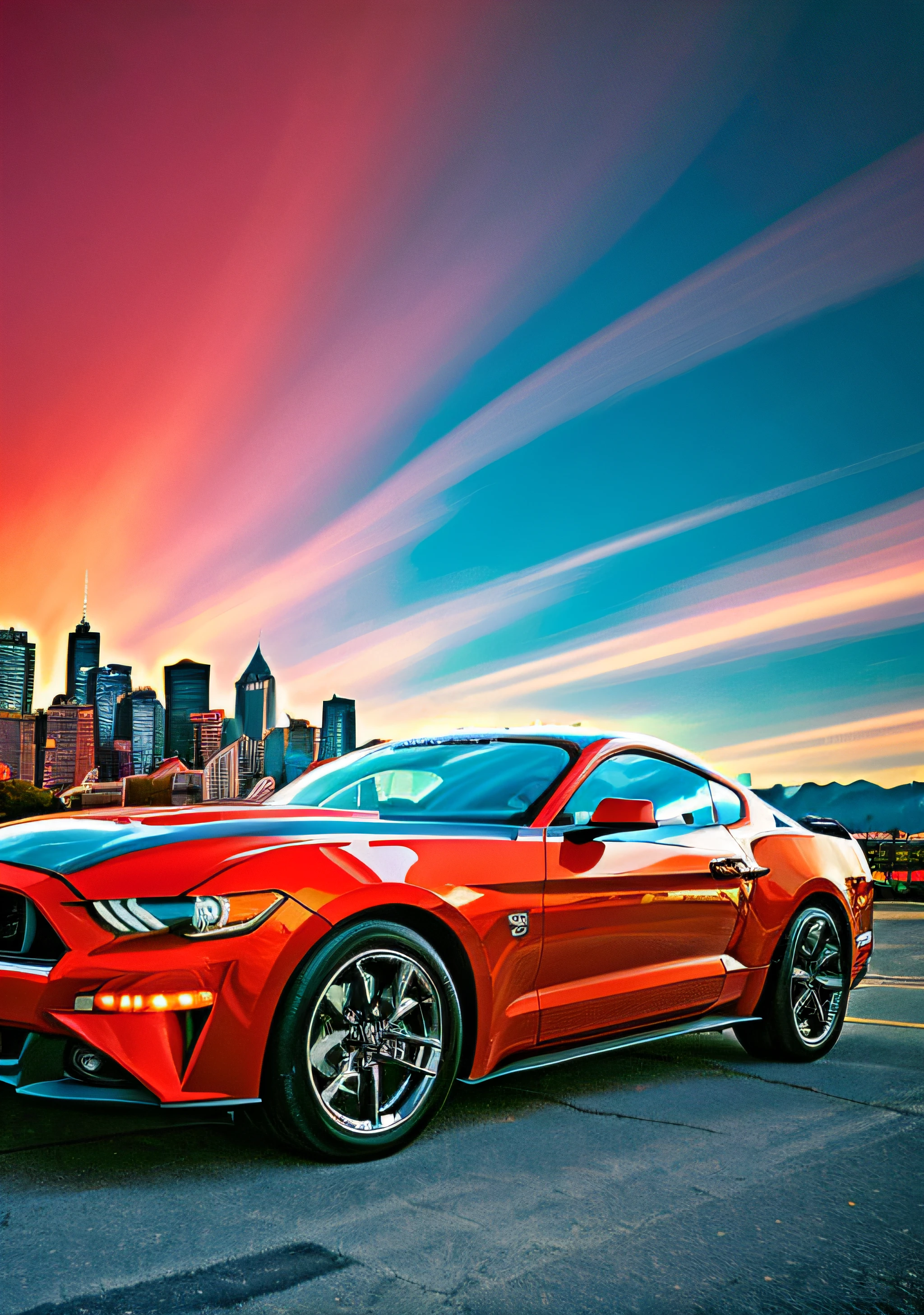 FUTURISTIC MUSTANG RED COLOR zoom out cruising down a glamorous city boulevard colorful cartoon coloring book vibrant colors contrast zoom out unzoomMatch Cut Sky blue lighting, 24-85mm Abstract --aspect 1:1 --s 750 --v 5.2
