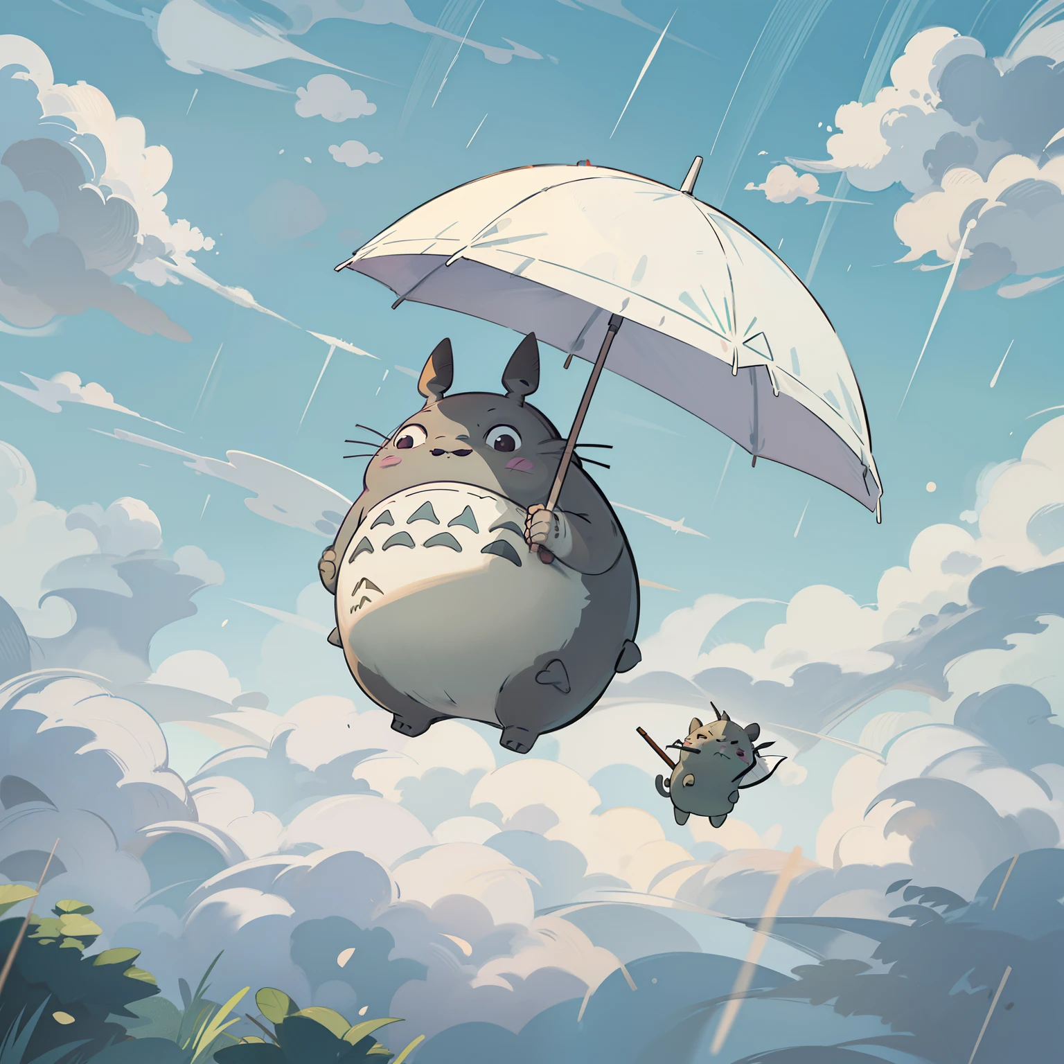 mini totoro, small totoro, white totoro, illustration, masterpiece, high quality, best quality, (high detailed:1.2), (extremely detailed:1.3), umbrella, floating, flying, sky, holding umbrella, full body, ghibli, no human