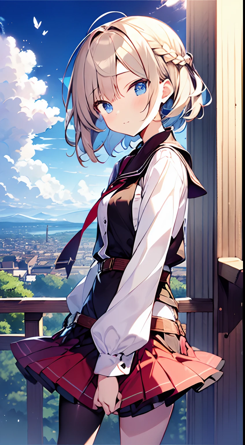 masutepiece, Best Quality,Illustration, Wallpaper, Ultra Detail, absurderes, 1loli、 Solo, (Medium short hair、short braided hair), Beautiful ultra-detailed eyes , Hair fluttering in the wind、XD、 Light hair color、Beautiful sky、(a panoramic view:1.5)