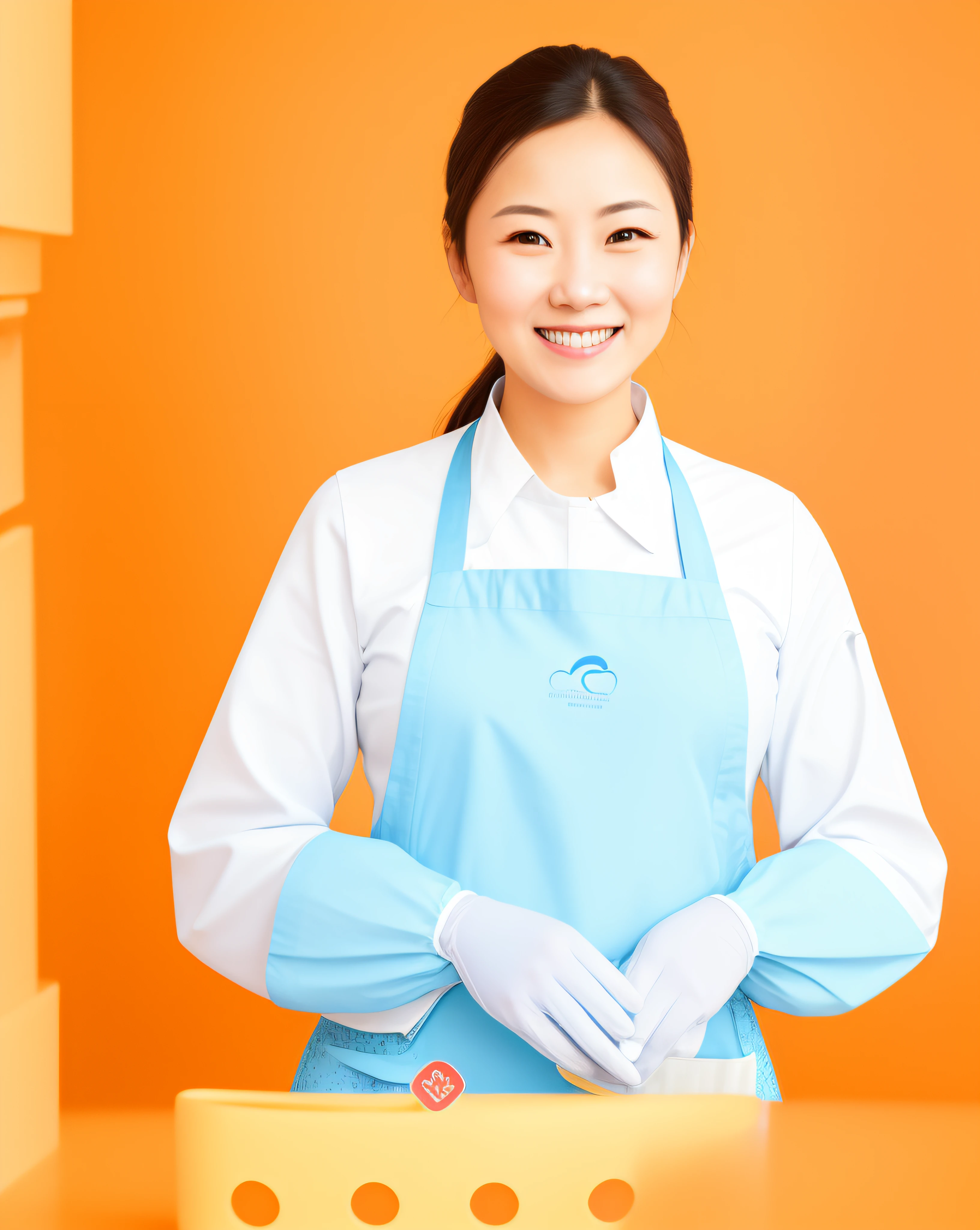 Smiling woman in blue apron and gloves standing in front of yellow background, wearing apron, jia, wearing maid uniform, Professional artwork, chell, White apron, healthcare worker, Wonderful, Li Zixin, lulu chen, Bright, uniform background, Happy chef, wearing white chef hat, maid, ( Waitress ) Girl, advertising photograph, wearing rr diner uniform, Charming smile