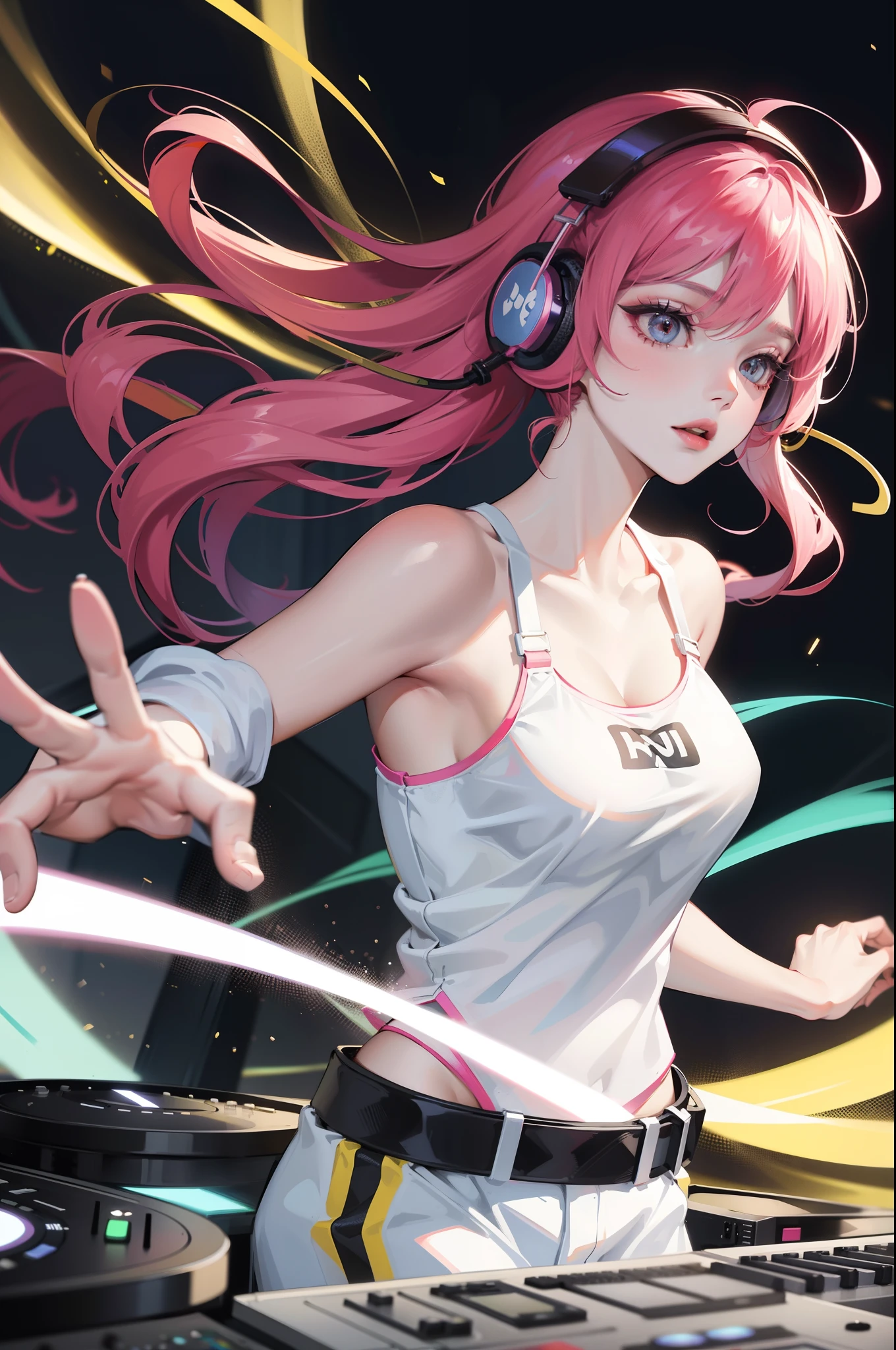 tmasterpiece,Need,super-fine,Semi-realistic，Woman in white top and headphones playing DJ suit, dj set, dj sura, Sport Bra, headphones dj rave, sun yunjoo, jia, Choi Hyun-hwa, shaxi, Sports bra, with headphone, dj at a party, jaeyeon nam, dj rave party, kda, trending at cgstation, xintong chen, training bra