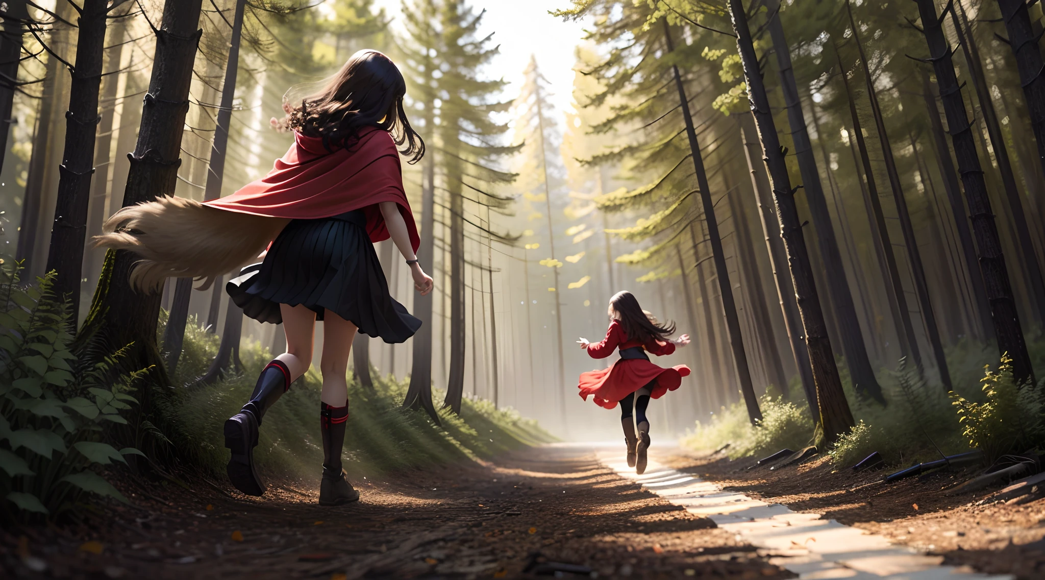 Brunette girl in red cape,Long skirts and boots,A brown wolf next to it,running in the forest