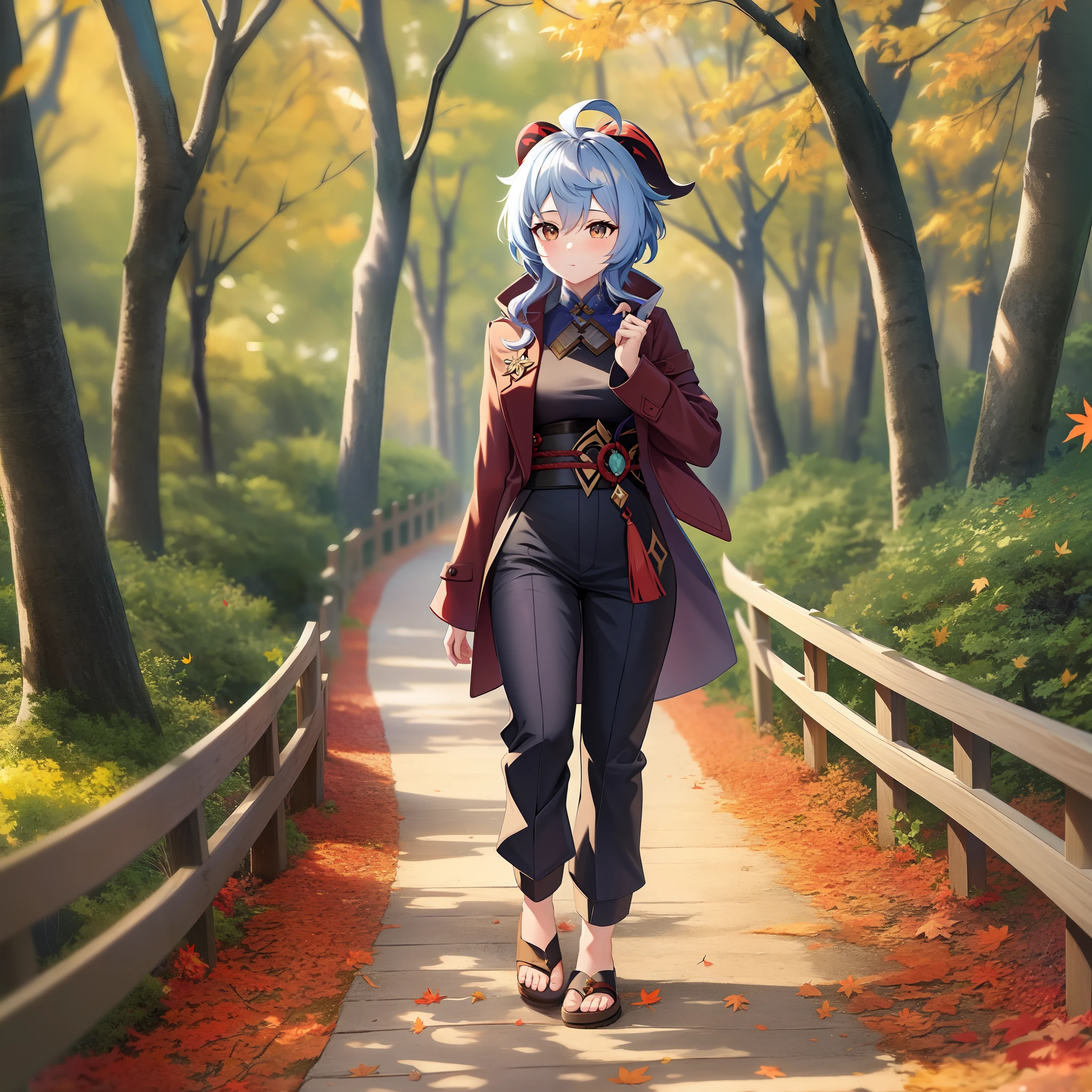 1girll,ganyu/(genshin impact/),the woods,maple leaves,((wind coat)),Forest path,stroll,autumnal,long trousers,up-close,Full body photo,