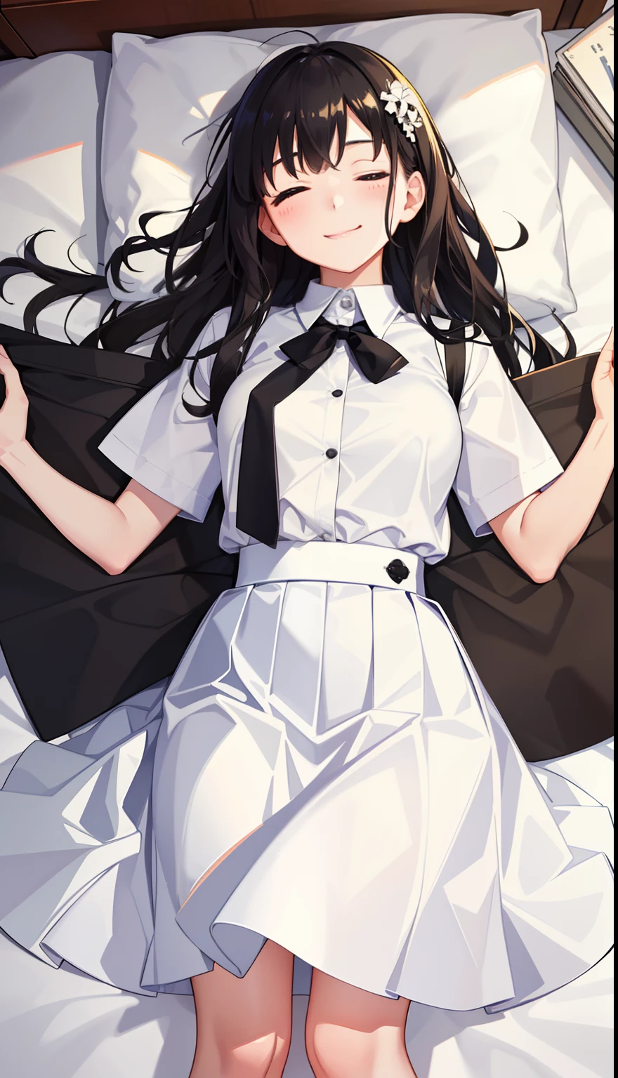 1girl in、A smile、A delightful! The shirt、pleatedskirt、White skirt、(small tits)Sleeping in large letters、