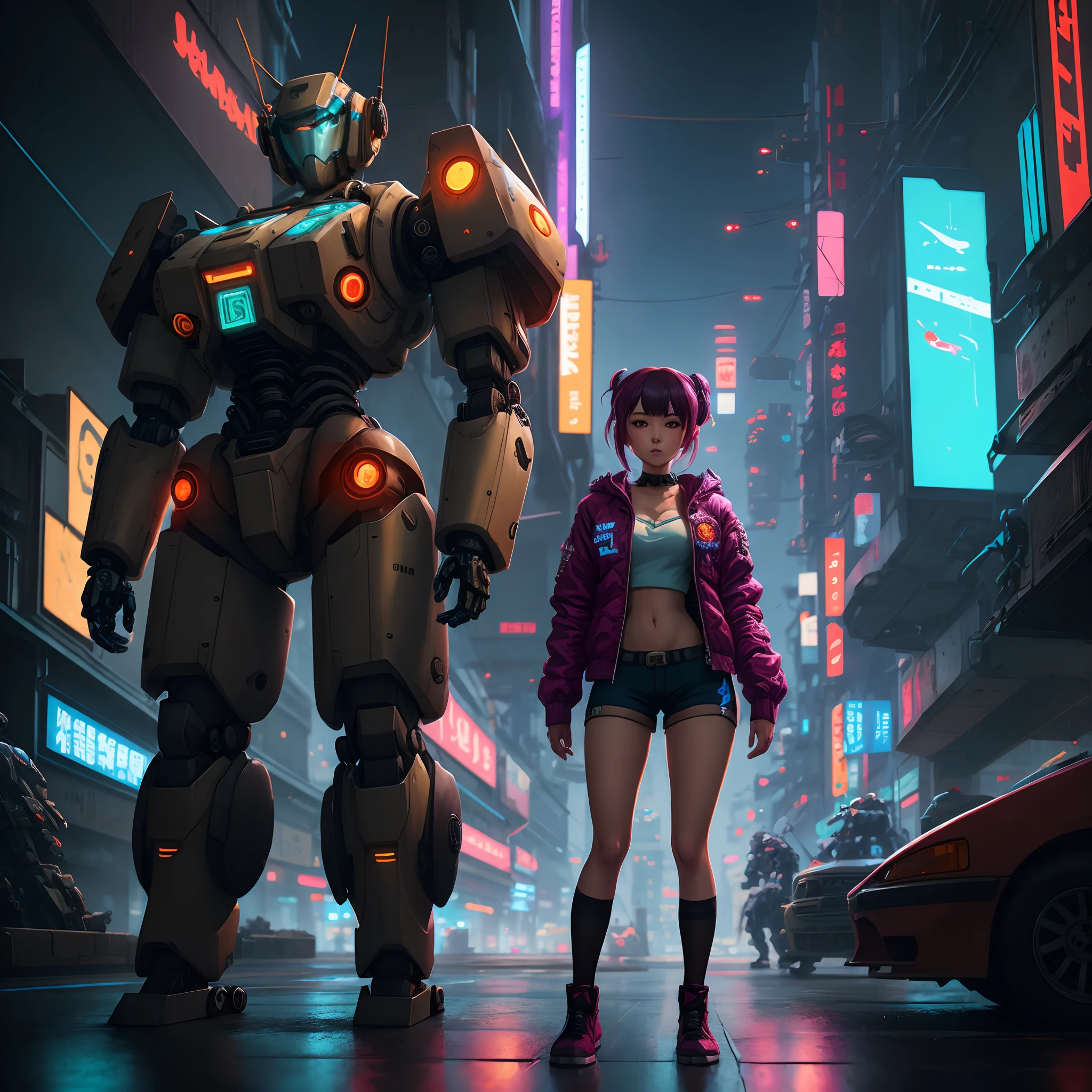 anime girl in short shorts and jacket standing next to giant robot, artwork in the style of guweiz, cyberpunk anime girl mech, trending on cgstation, guweiz, by Russell Dongjun Lu, digital cyberpunk anime art, ross tran 8 k, guweiz on artstation pixiv, girl in mecha cyber armor